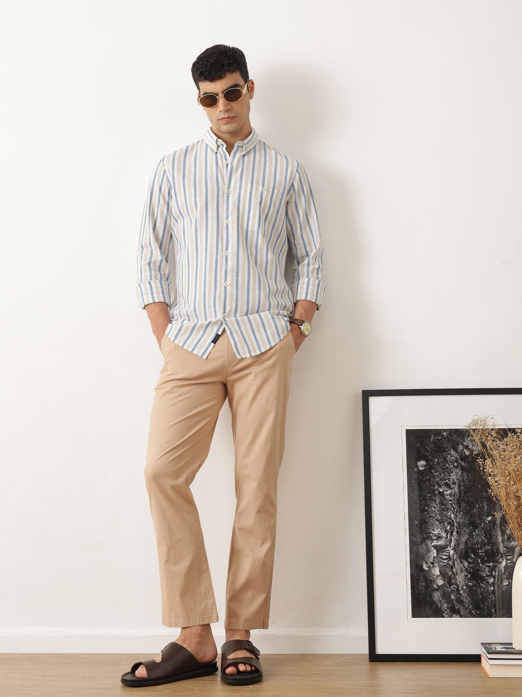 Thomas Scott Men Premium Blue Slim Fit Long Sleeves Vertical Striped Cotton Linen Casual Shirt with Button Down Collar