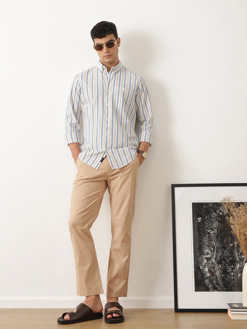 Thomas Scott Men Premium Blue Slim Fit Long Sleeves Vertical Striped Cotton Linen Casual Shirt with Button Down Collar