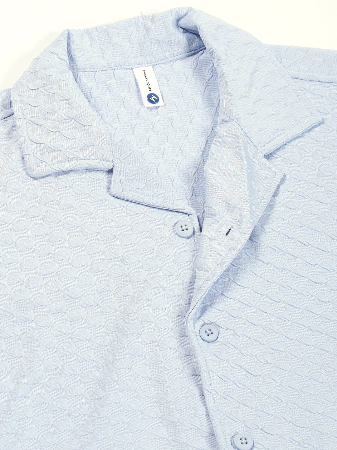 Thomas Scott Men Sky Blue Premium Short Sleeves Relaxed Fit Cuban Collar Textured Cotton Casual Shirt