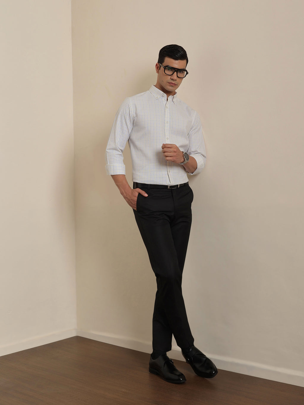 Thomas Scott Men Smart White1 Regular Fit Long Sleeves Button Down Collar Windowpane Checks Formal Shirt