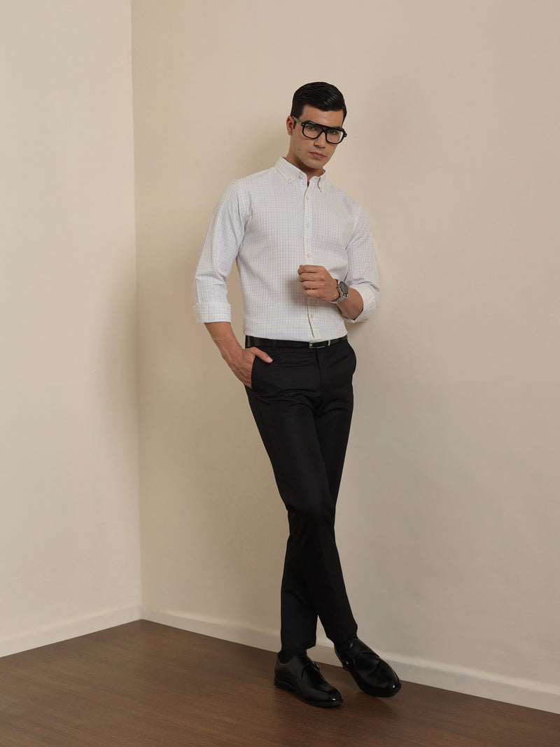Thomas Scott Men Smart White1 Regular Fit Long Sleeves Button Down Collar Windowpane Checks Formal Shirt