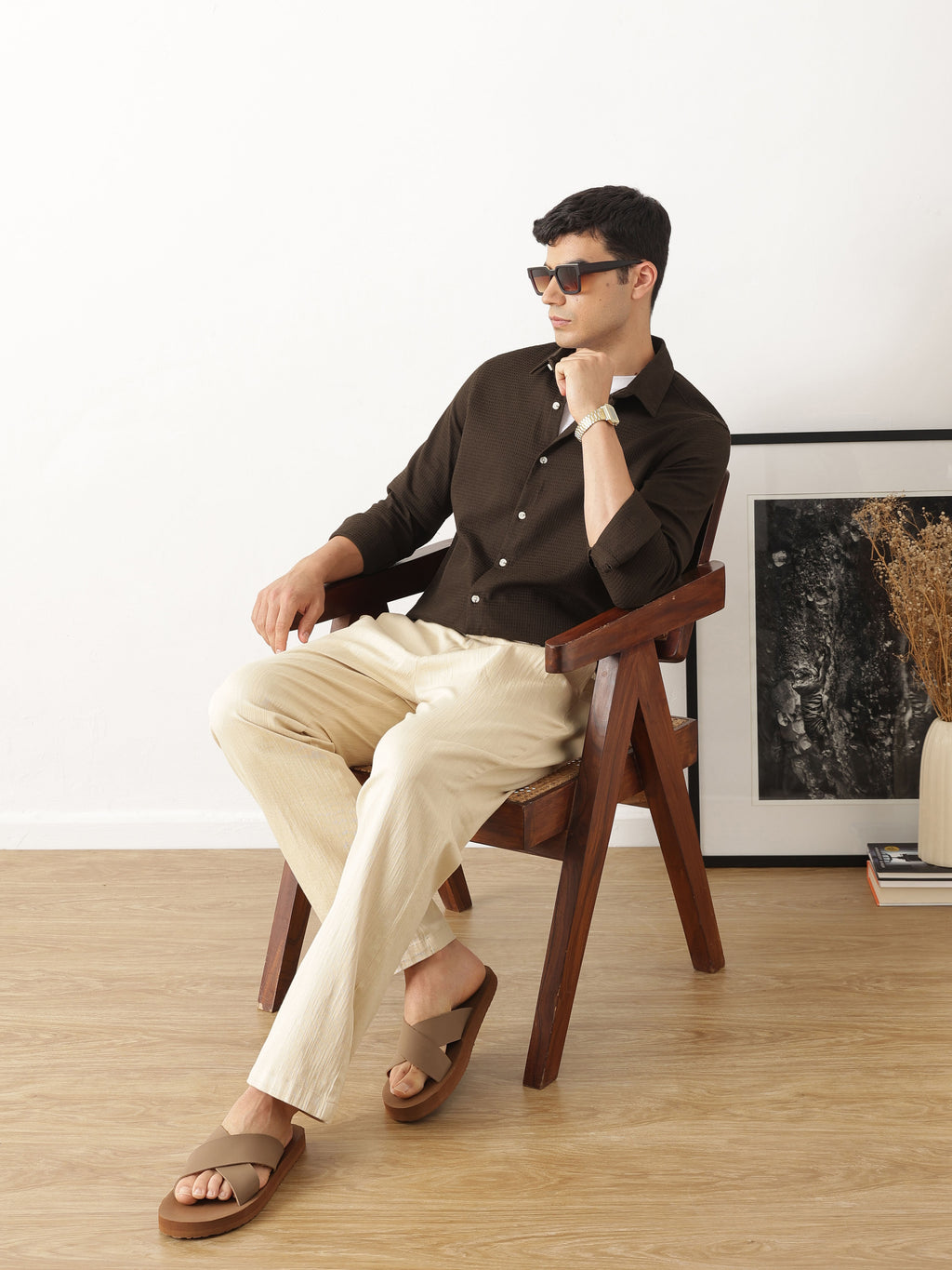 Thomas Scott Men Premium Brown Regular Fit Long Sleeves Spread Collar Textured Casual Shirt