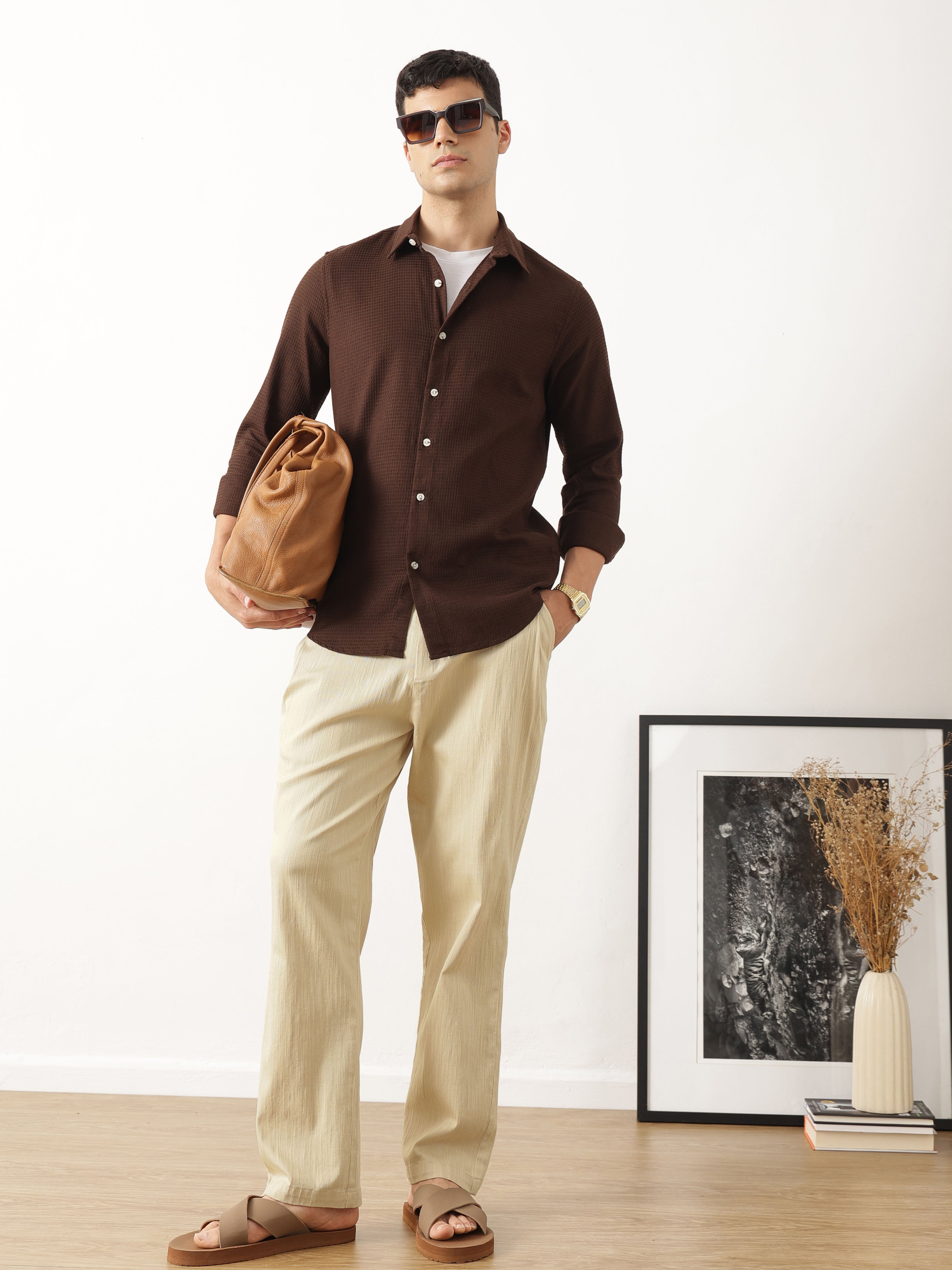 Thomas Scott Men Beige Smart Solid Regular Fit Woven Linen Pleated Trousers