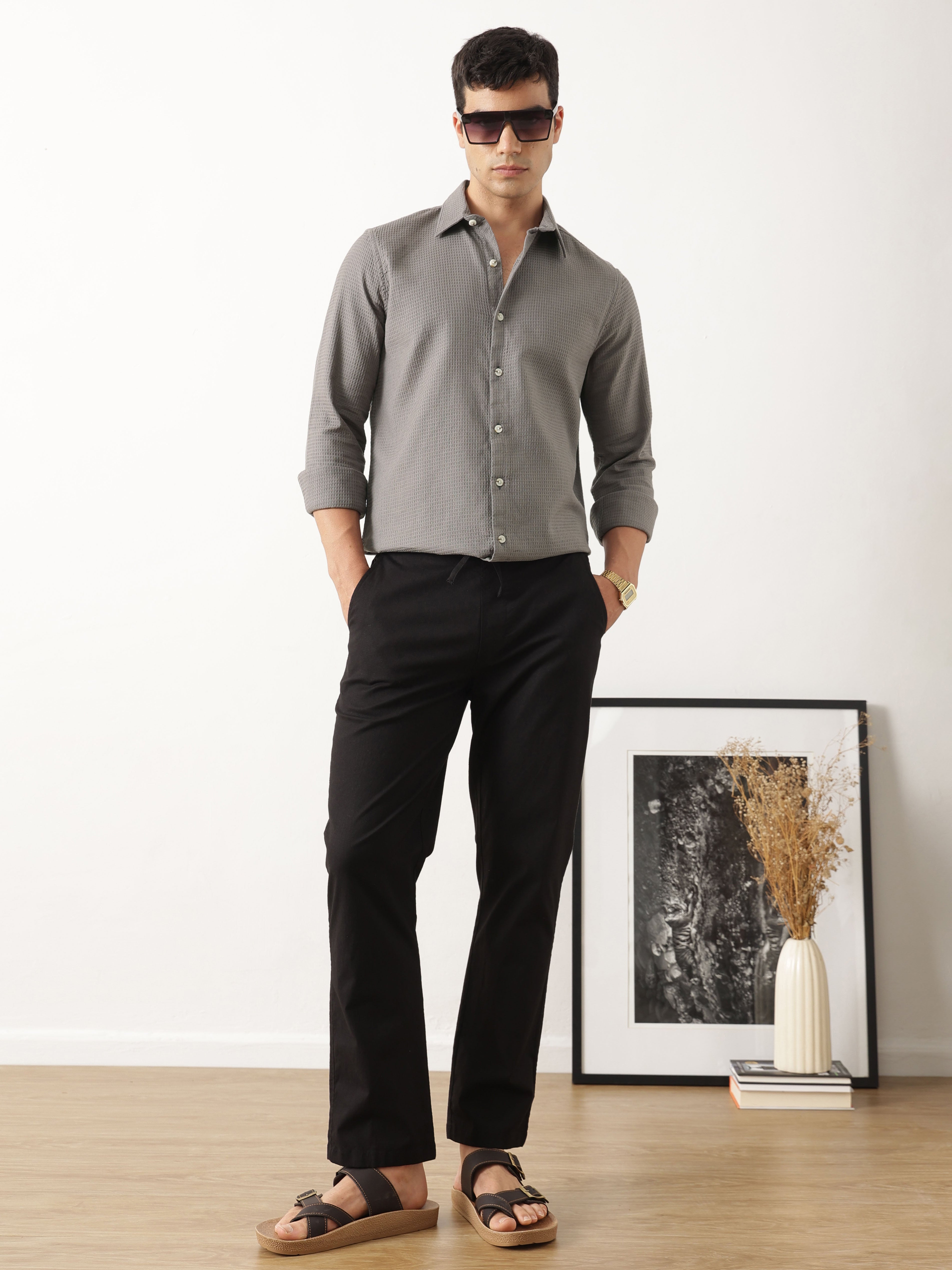 Thomas Scott Men Premium Grey Regular Fit Long Sleeves Spread Collar Textured Casual Shirt