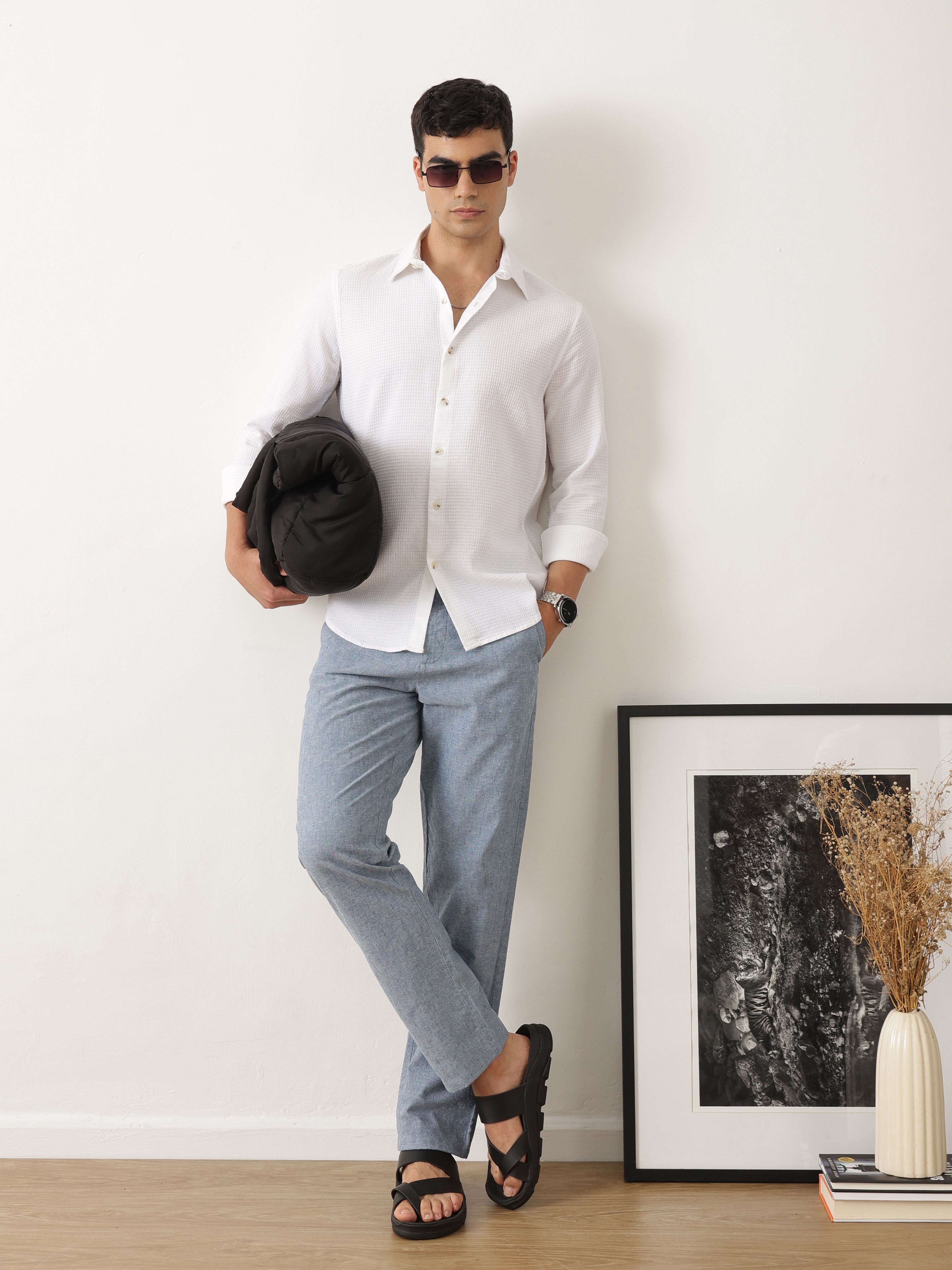 Thomas Scott Men Smart Blue Straight Fit Mid-Rise Solid Woven Linen Trouser