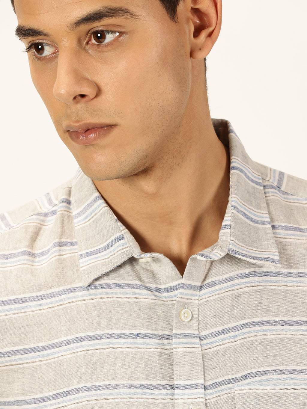 Thomas Scott Men Grey Premium Long Sleeves Spread Collar Horizontal Stripes Linen Casual Shirt