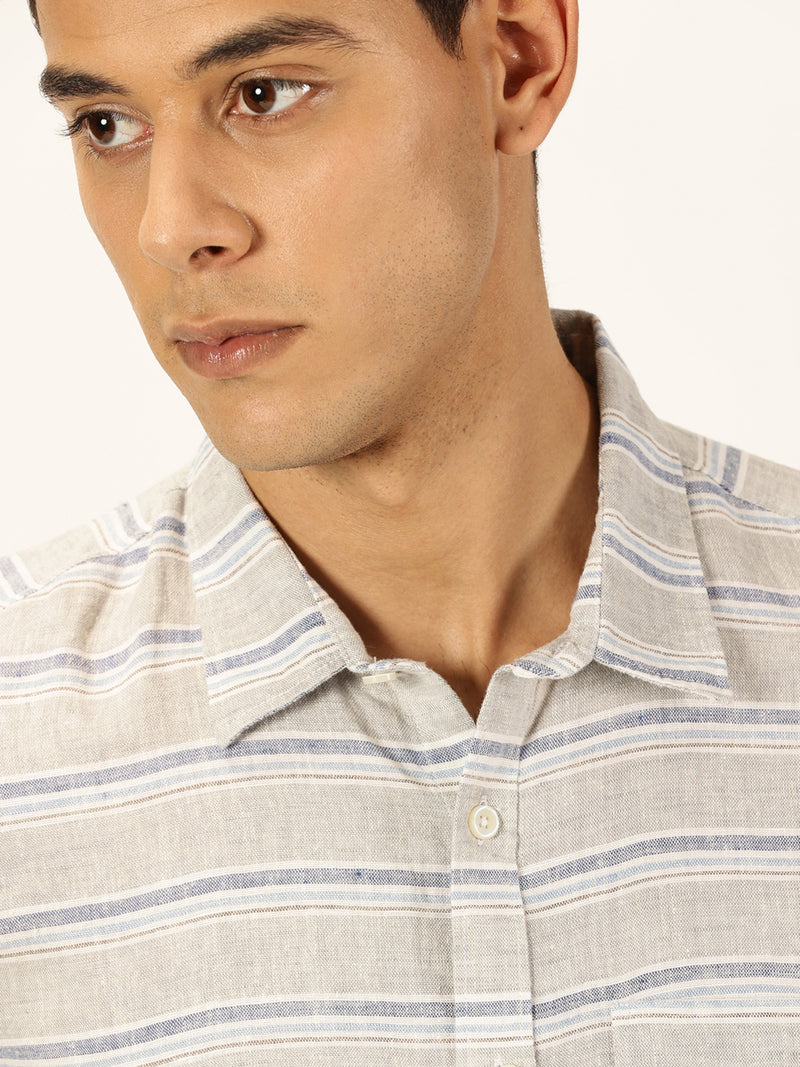 Thomas Scott Men Grey Premium Long Sleeves Spread Collar Horizontal Stripes Linen Casual Shirt