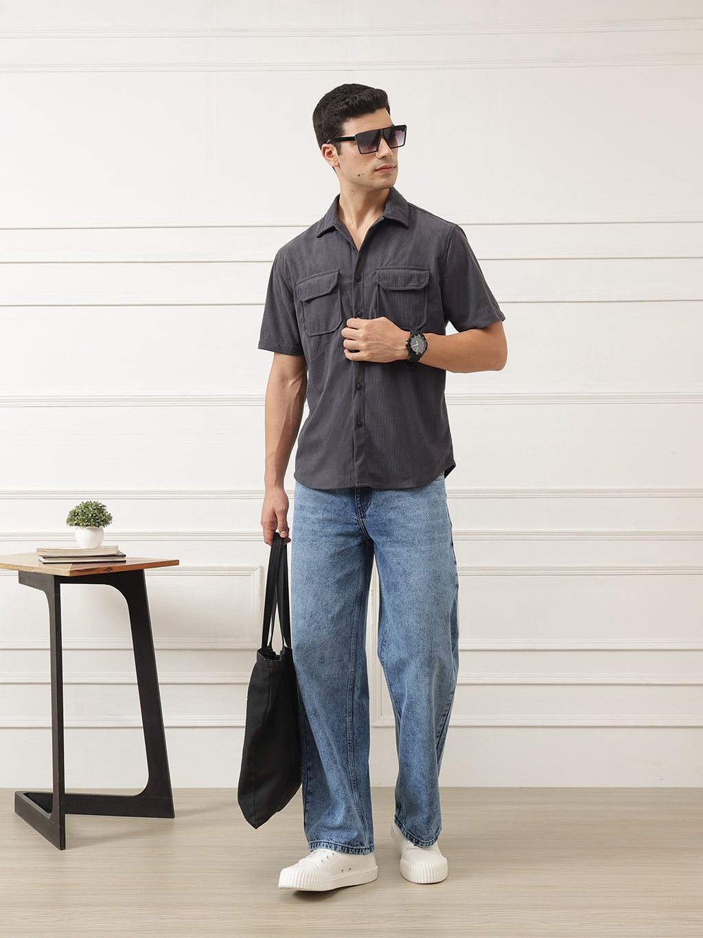 Dark Grey Oversized Short Sleeves Spread Collar Corduroy Shirt For Men