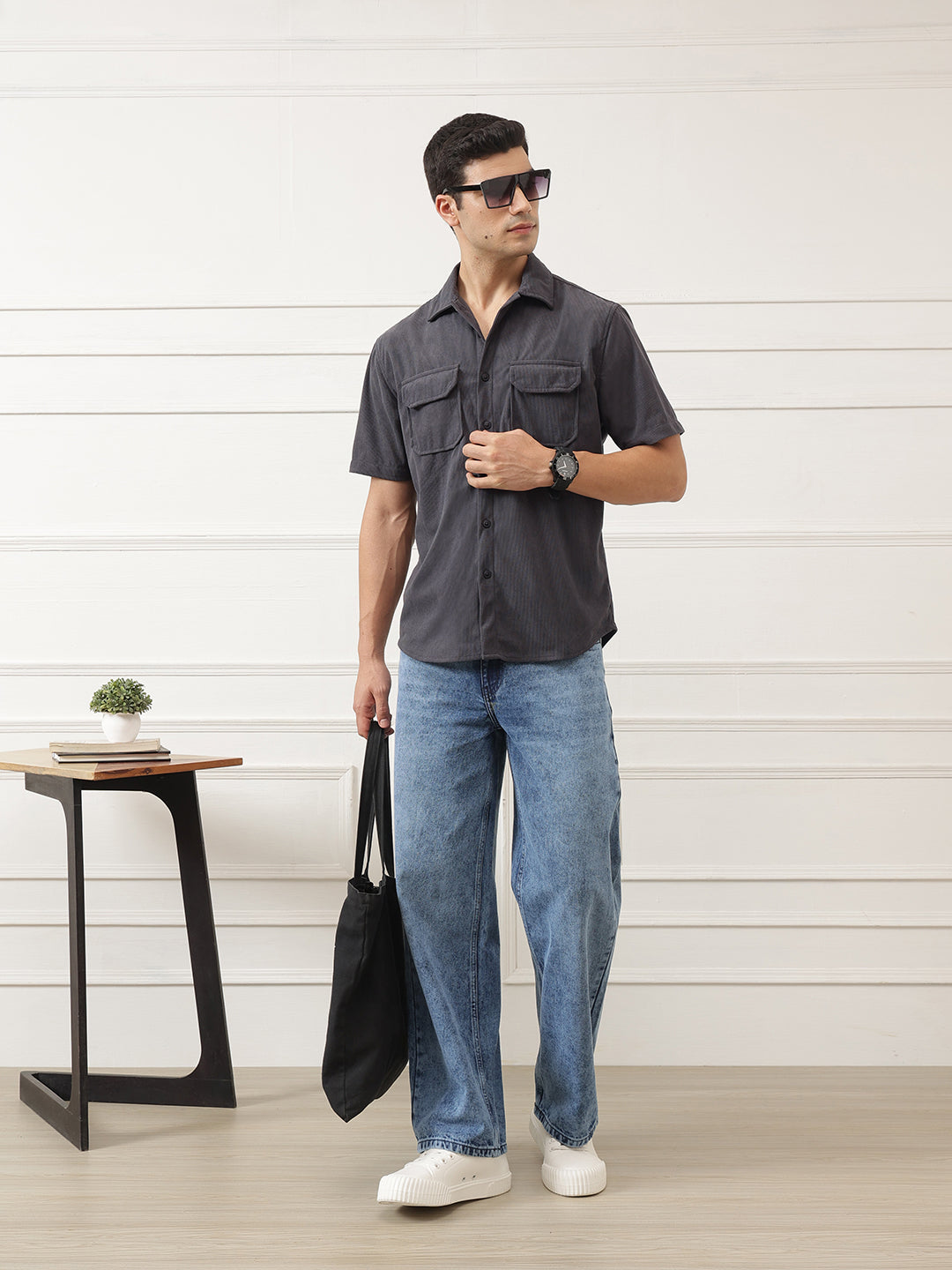 Dark Grey Oversized Short Sleeves Spread Collar Corduroy Shirt For Men