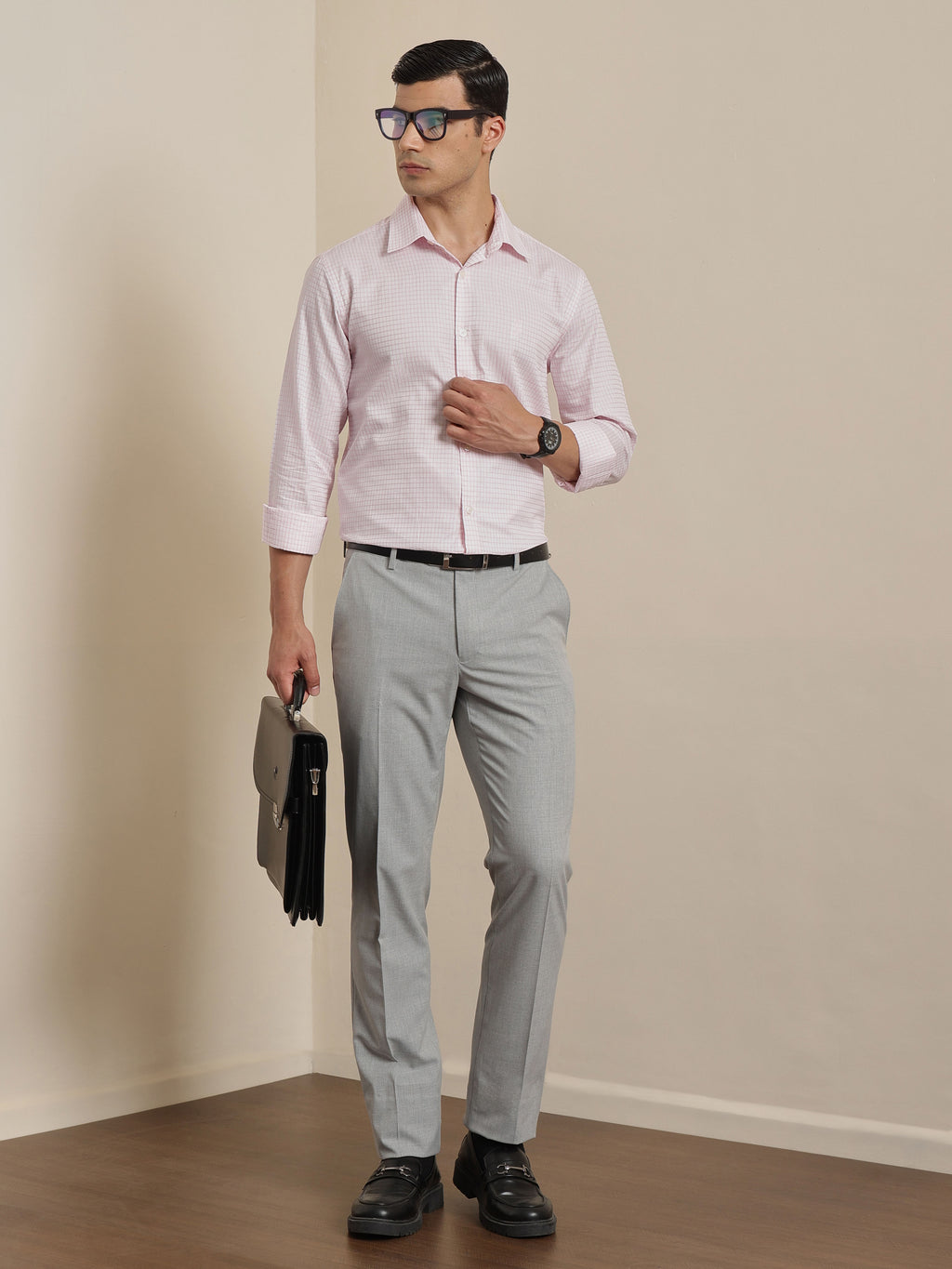 Thomas Scott Men Premium Pink Gingham Checks Cotton Formal Shirt with Spread Collar & Full Sleeves