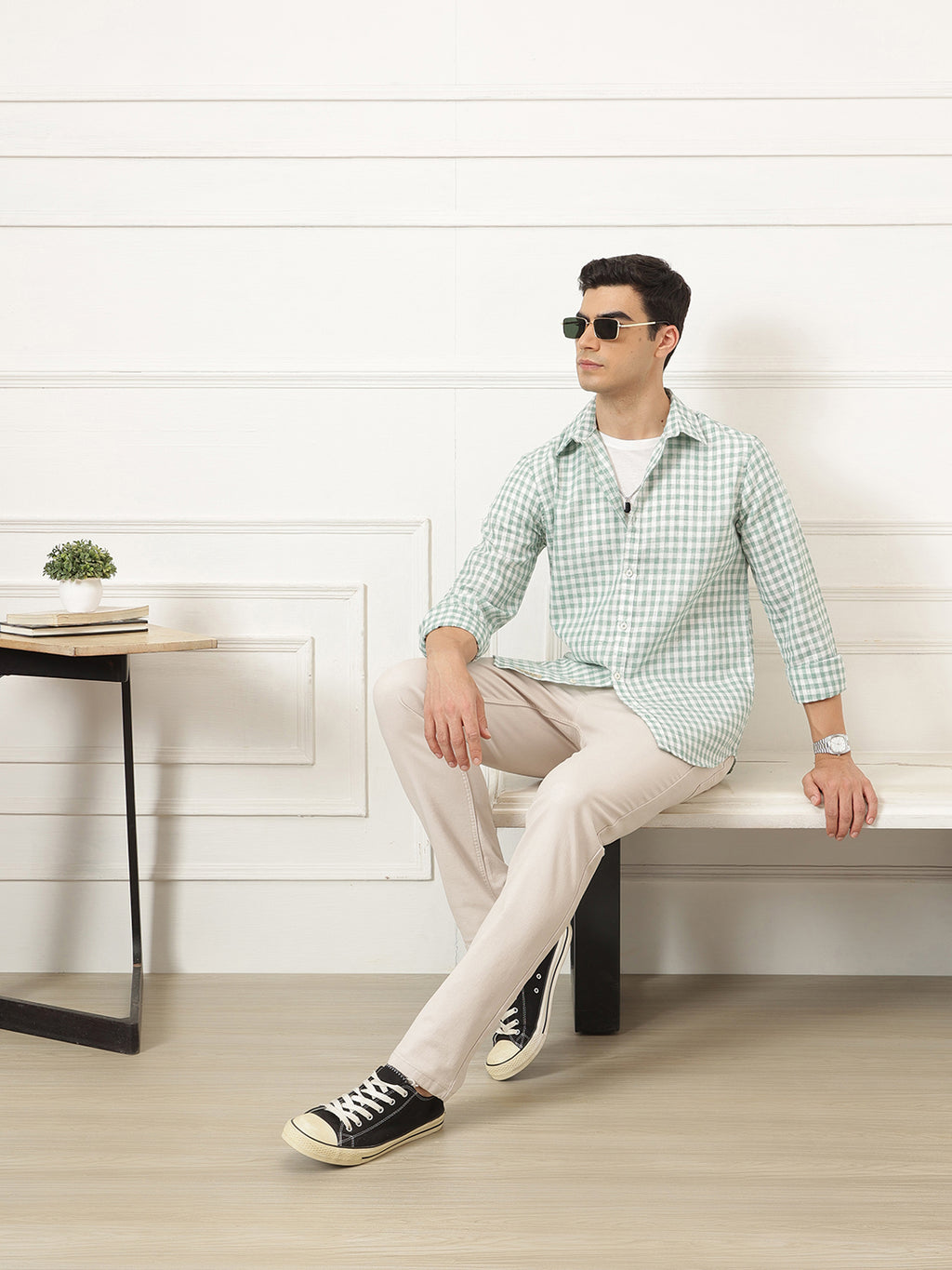 Green Premium Regular Fit Gingham Checks Cotton Linen Shirt For Men