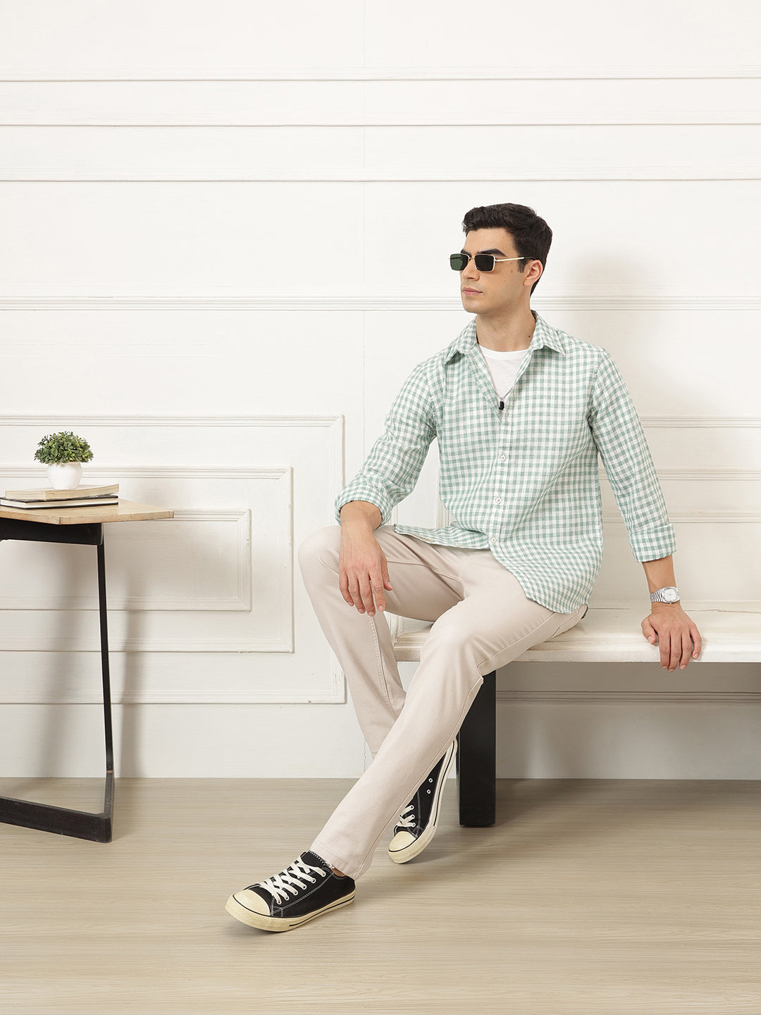 Green Premium Regular Fit Gingham Checks Cotton Linen Shirt For Men