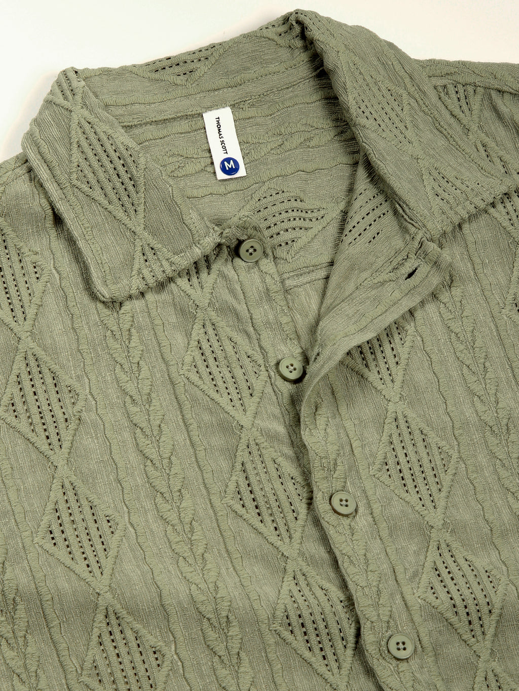 Thomas Scott Men Green Premium Oversized Short Sleeves Spread Collar Textured Casual Shirts