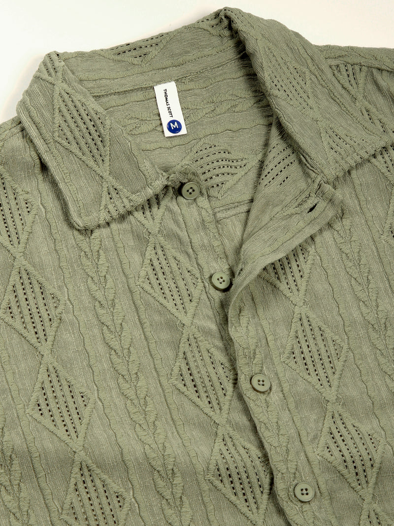 Thomas Scott Men Green Premium Oversized Short Sleeves Spread Collar Textured Casual Shirts