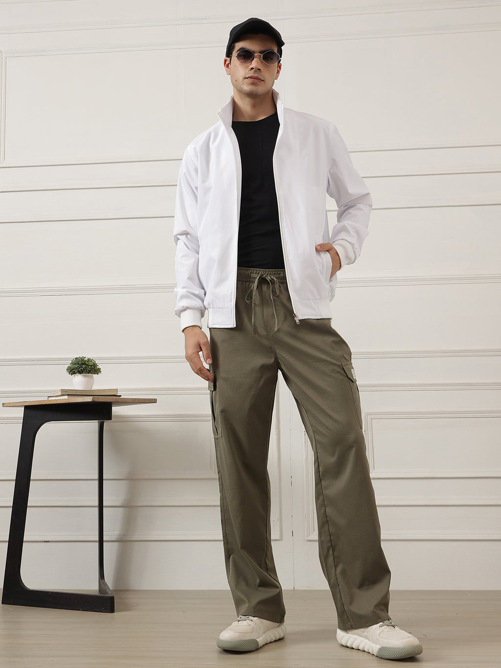 White Regular Fit Solid Full Sleeves Stand Collar Zip-Front Casual Bomber Jacket For Men
