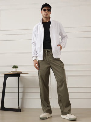 White Regular Fit Solid Full Sleeves Stand Collar Zip-Front Casual Bomber Jacket For Men