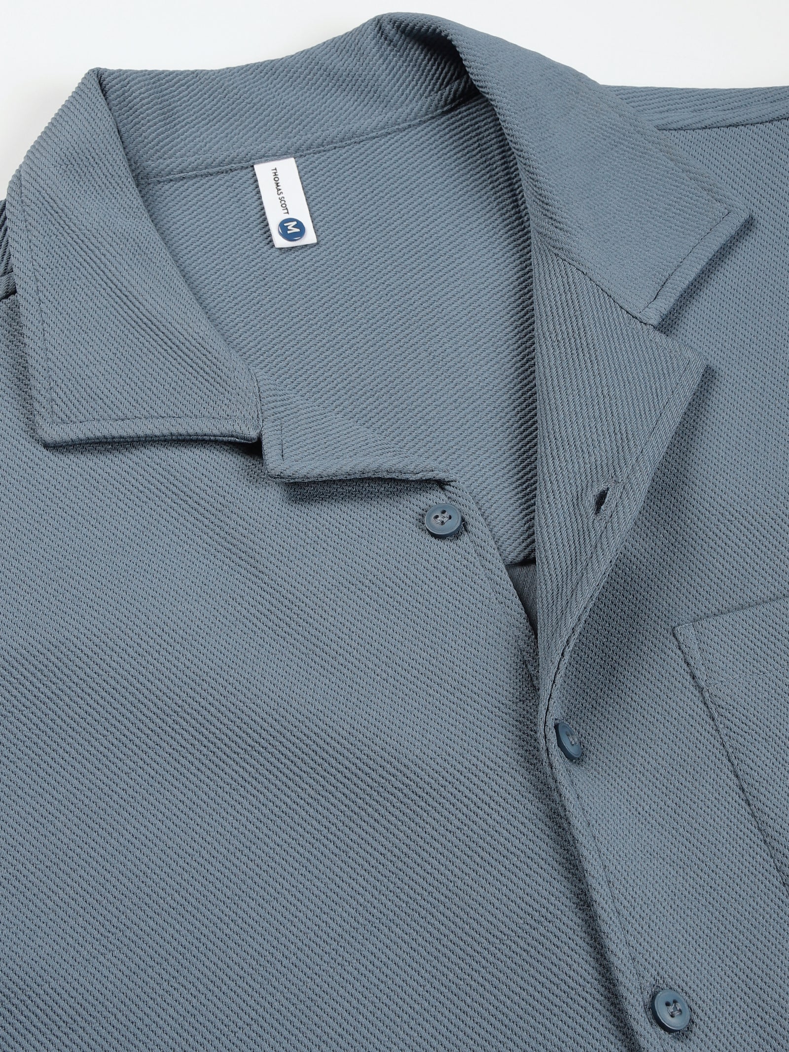 Thomas Scott Men Mid Blue Premium Short Sleeves Regular Fit Cuban Collar Textured Cotton Twill Shirt