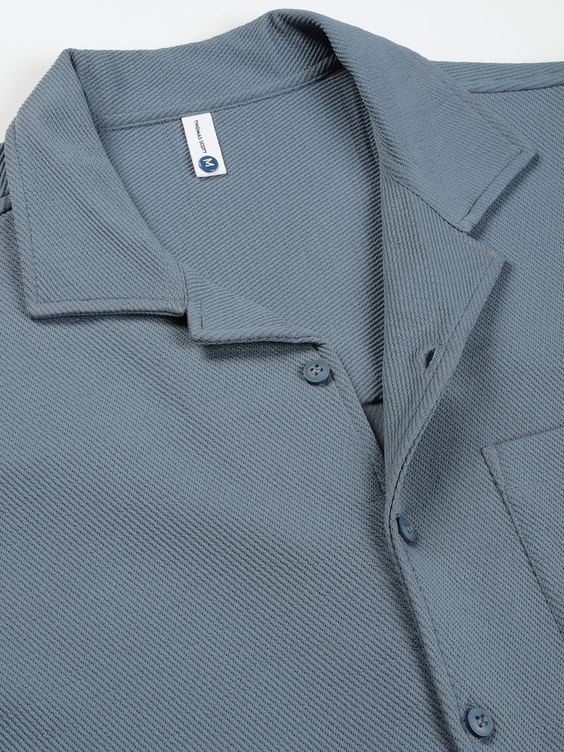 Thomas Scott Men Mid Blue Premium Short Sleeves Regular Fit Cuban Collar Textured Cotton Twill Shirt