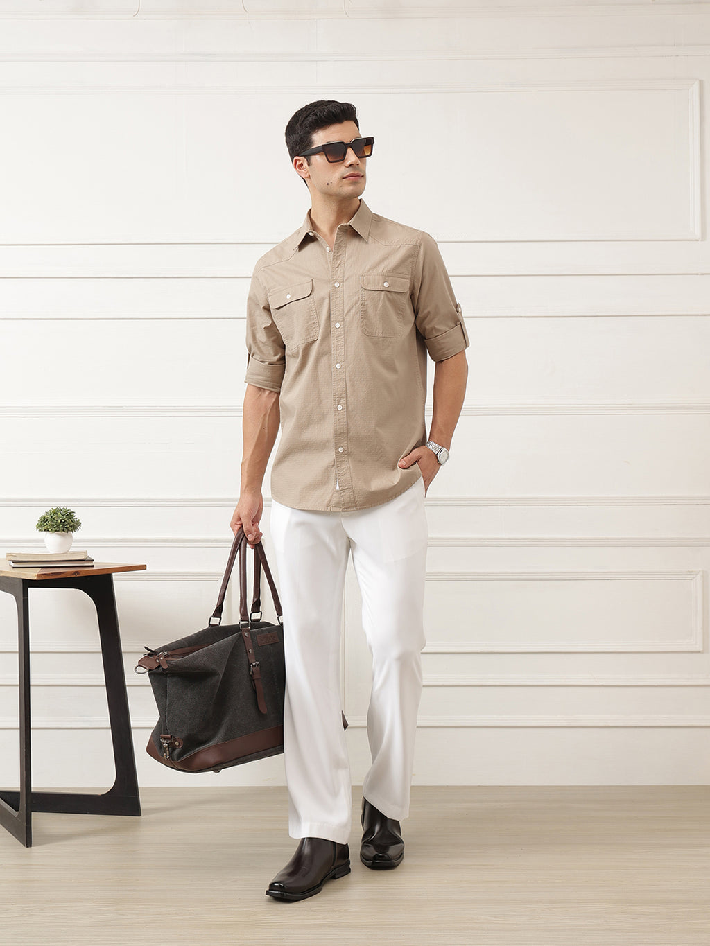 Beige Roll-Up Sleeve Regular Fit Spread Collar Textured Cotton Casual Shirt For Men