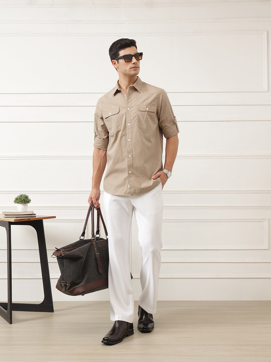 Beige Roll-Up Sleeve Regular Fit Spread Collar Textured Cotton Casual Shirt For Men