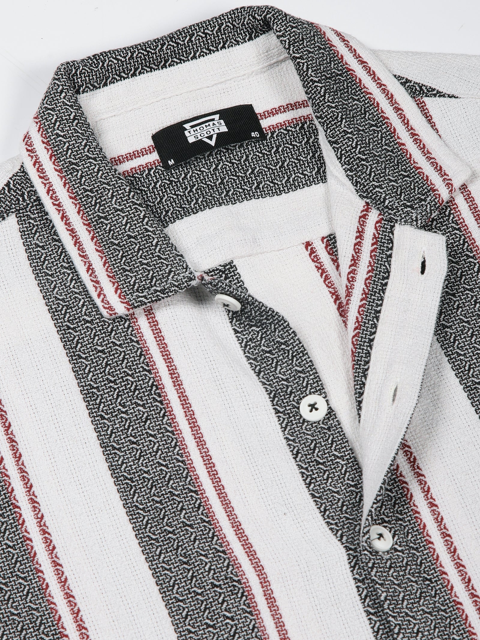 Thomas Scott Men White Premium Slim Fit Short Sleeves Spread Collar Vertical Stripes Cotton Casual Shirts