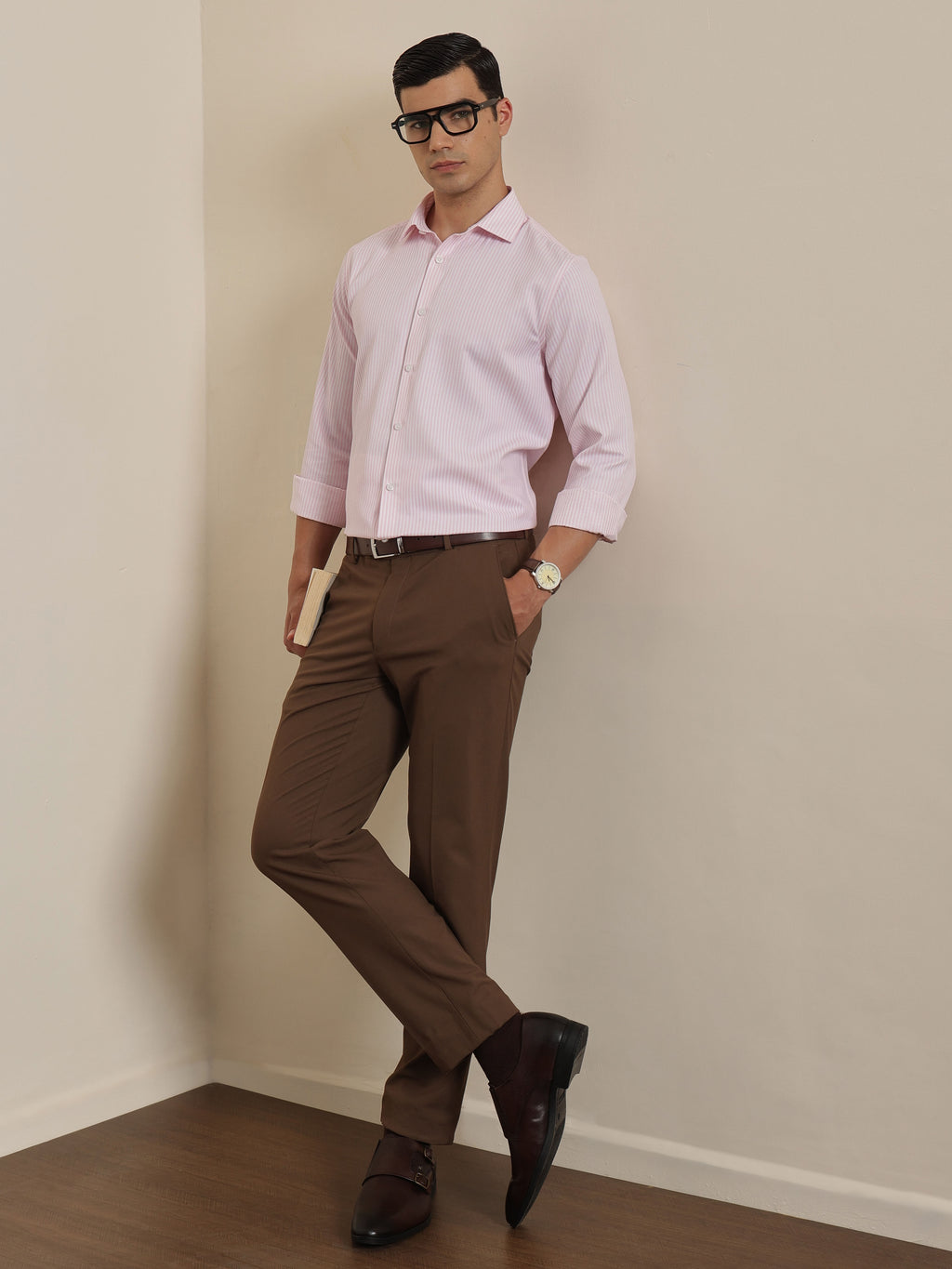 Thomas Scott Men Smart Pink Regular Fit Long Sleeves Semi Cutaway Collar Pinstripes Formal Shirt