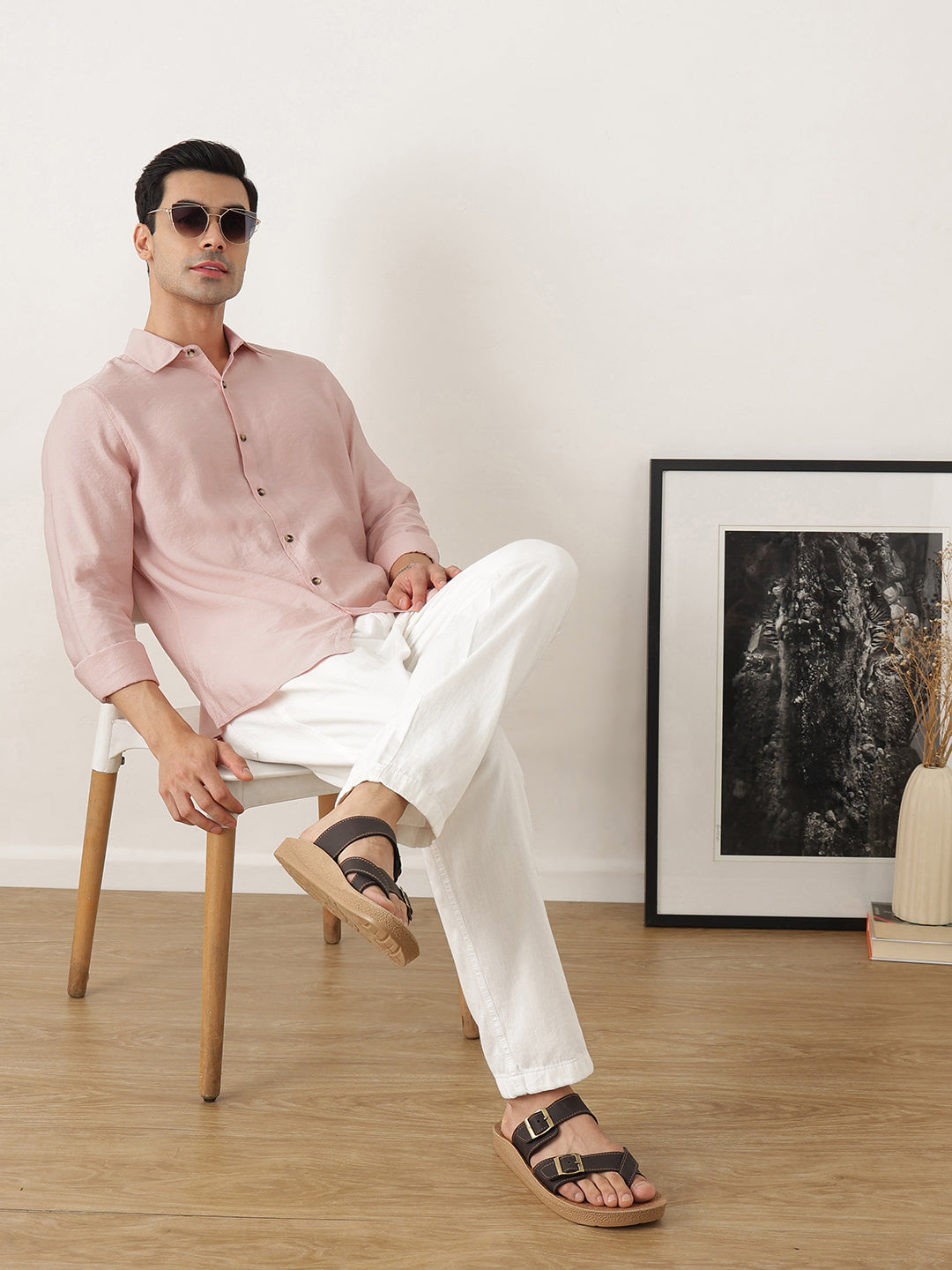 Thomas Scott Men Peach Premium Slim Fit Long Sleeves Semi Cutaway Collar Casual Shirt