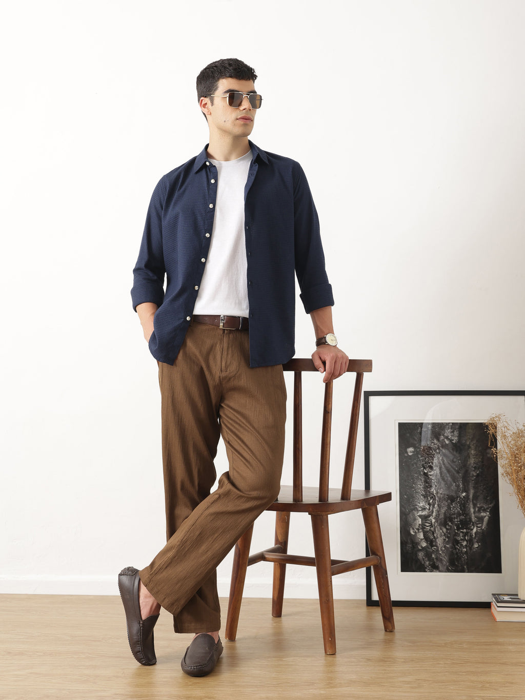 Thomas Scott Men Brown Smart Solid Regular Fit Woven Linen Pleated Trousers