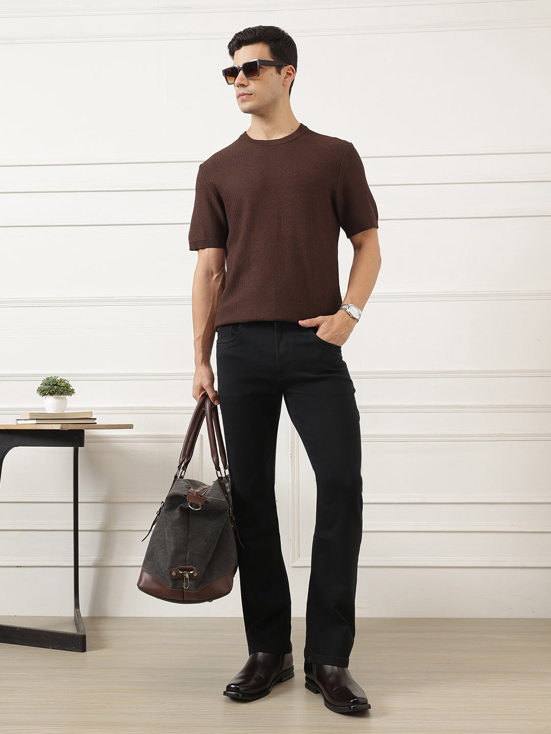 Black Smart Bootcut Fit Mid-Rise No Faded Clean Look Stretchable Jeans For Men