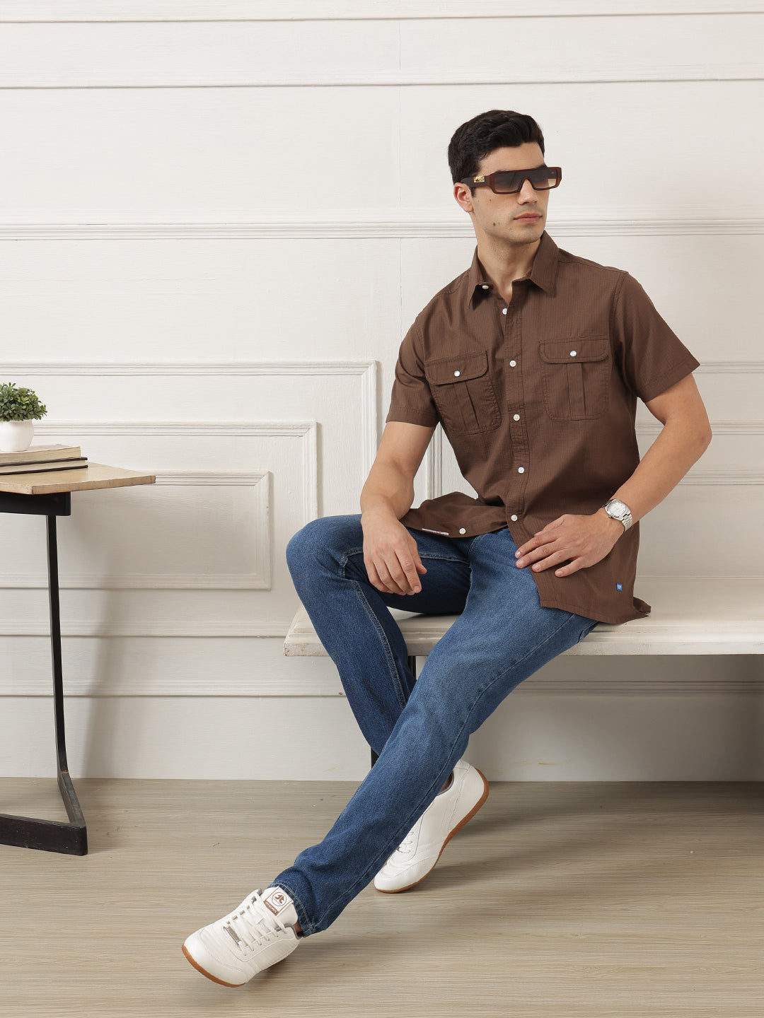 Brown Premium Regular Fit Short Sleeves Spread Collar Textured Casual Shirt For Men