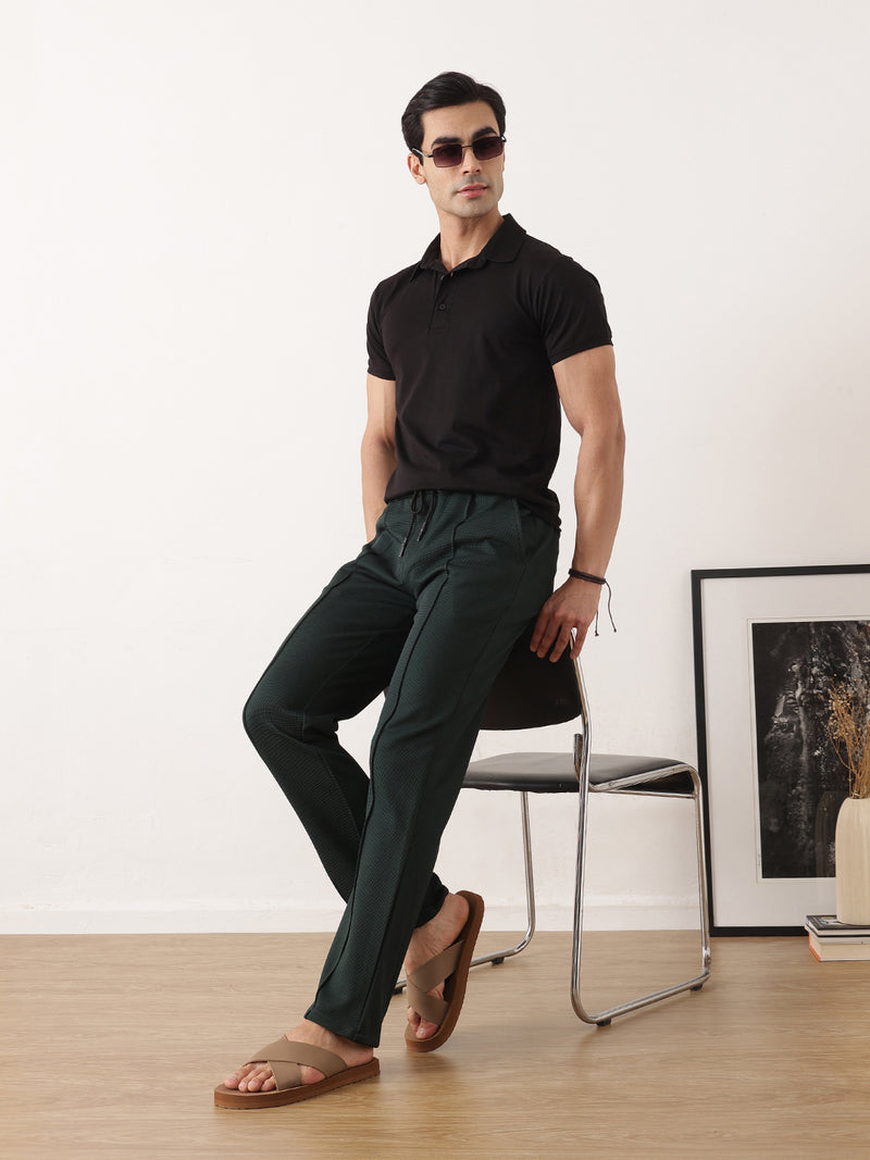 Thomas Scott Men Green Smart Regular Fit Mid-Rise Textured Pleated Knitted Casual Trousers with Drawstring Closure