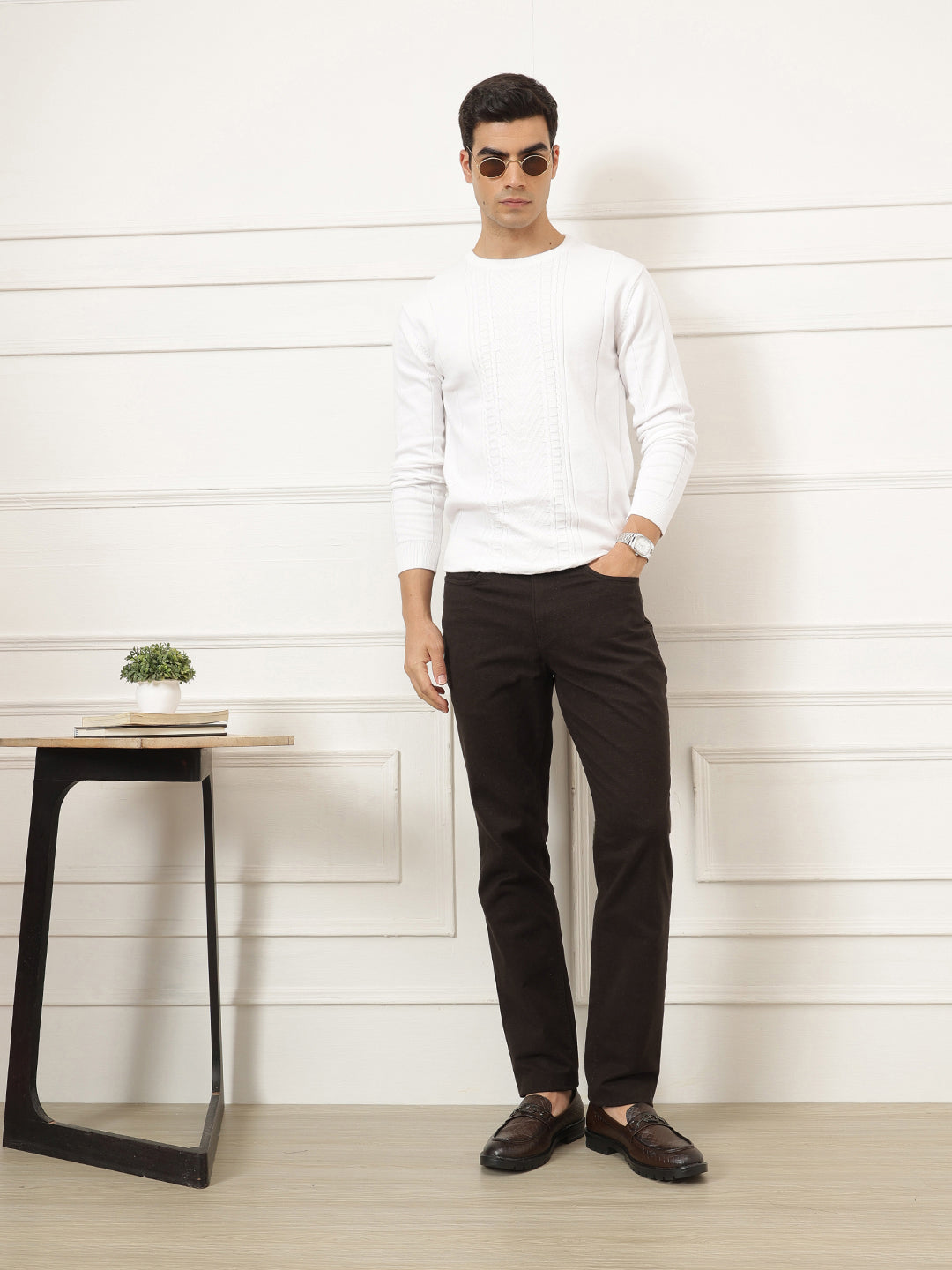 Brown Smart Straight Fit Mid-Rise Solid Woven Trouser For Men
