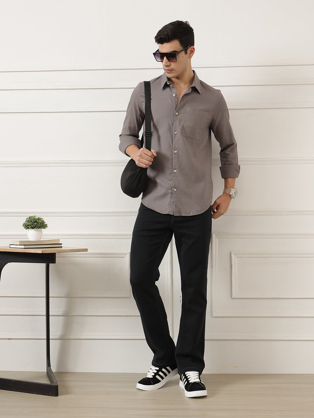 Grey Premium Regular Fit Long Sleeves Spread Collar Textured Cotton Casual Shirt For Men