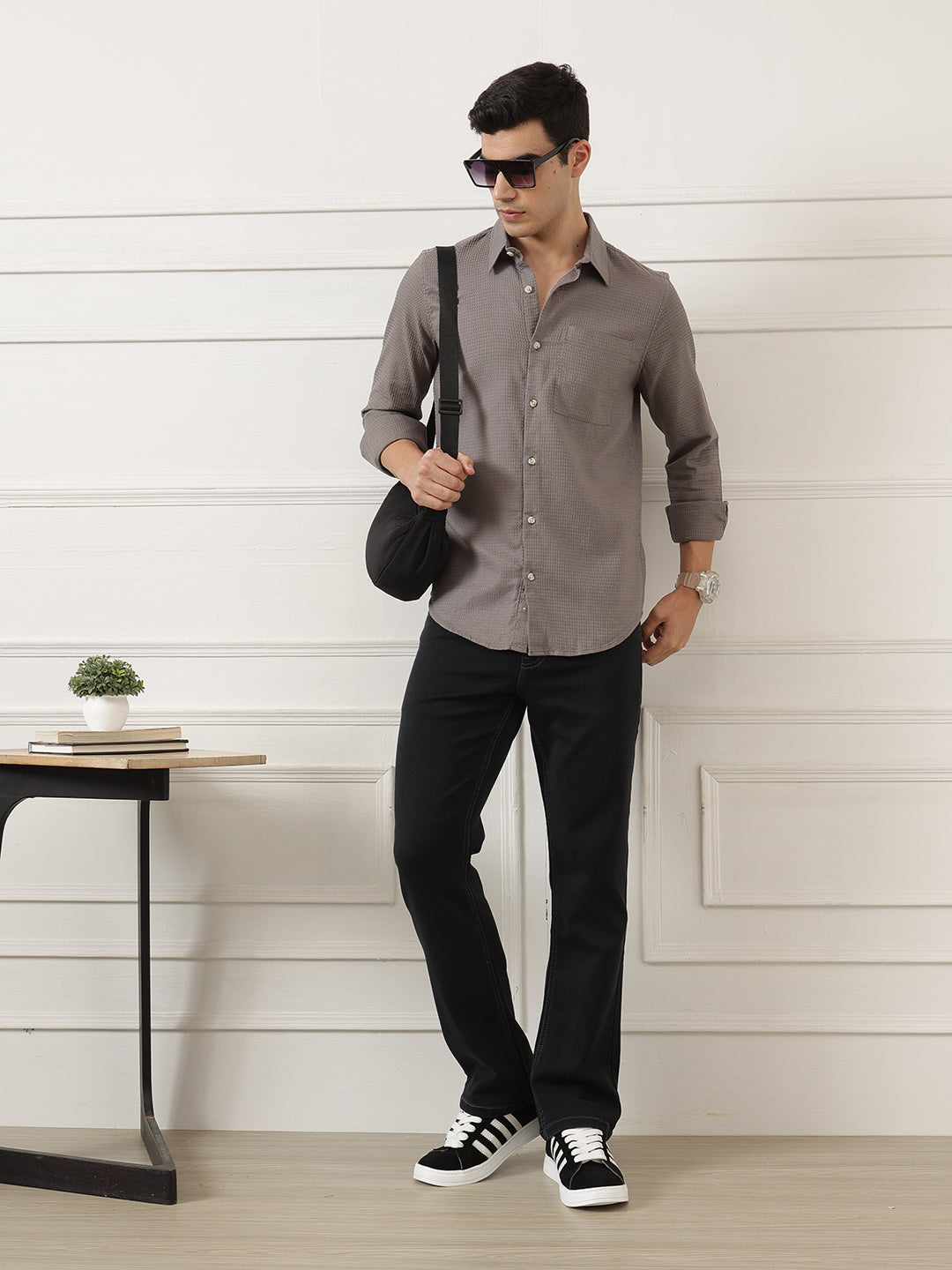 Grey Premium Regular Fit Long Sleeves Spread Collar Textured Cotton Casual Shirt For Men