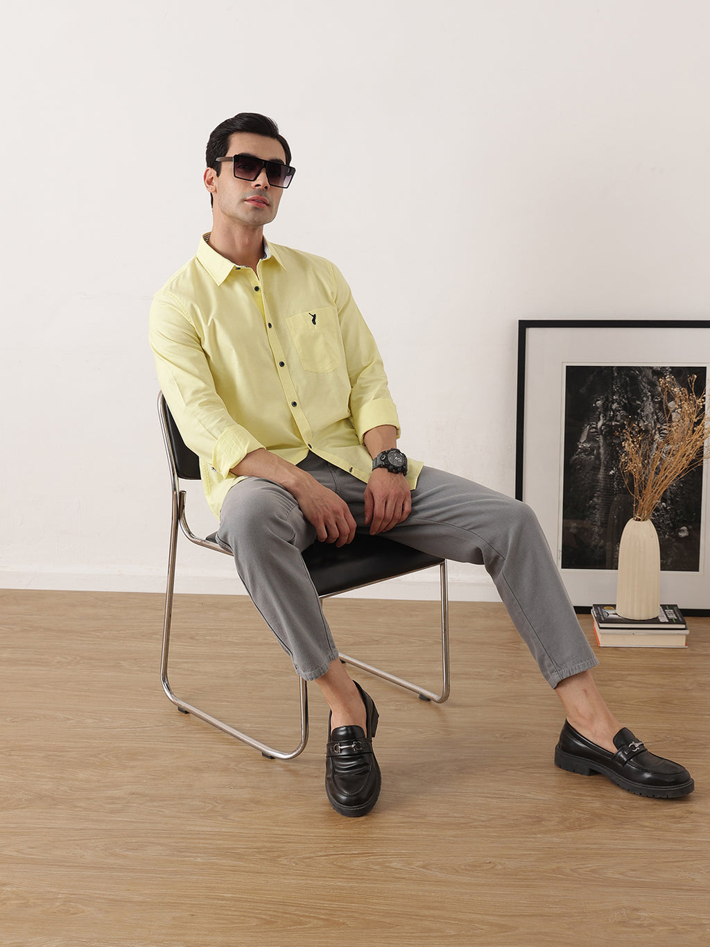 Thomas Scott Men Yellow Premium Slim Fit Long Sleeves Spread Collar Solid Cotton Twill Shirt