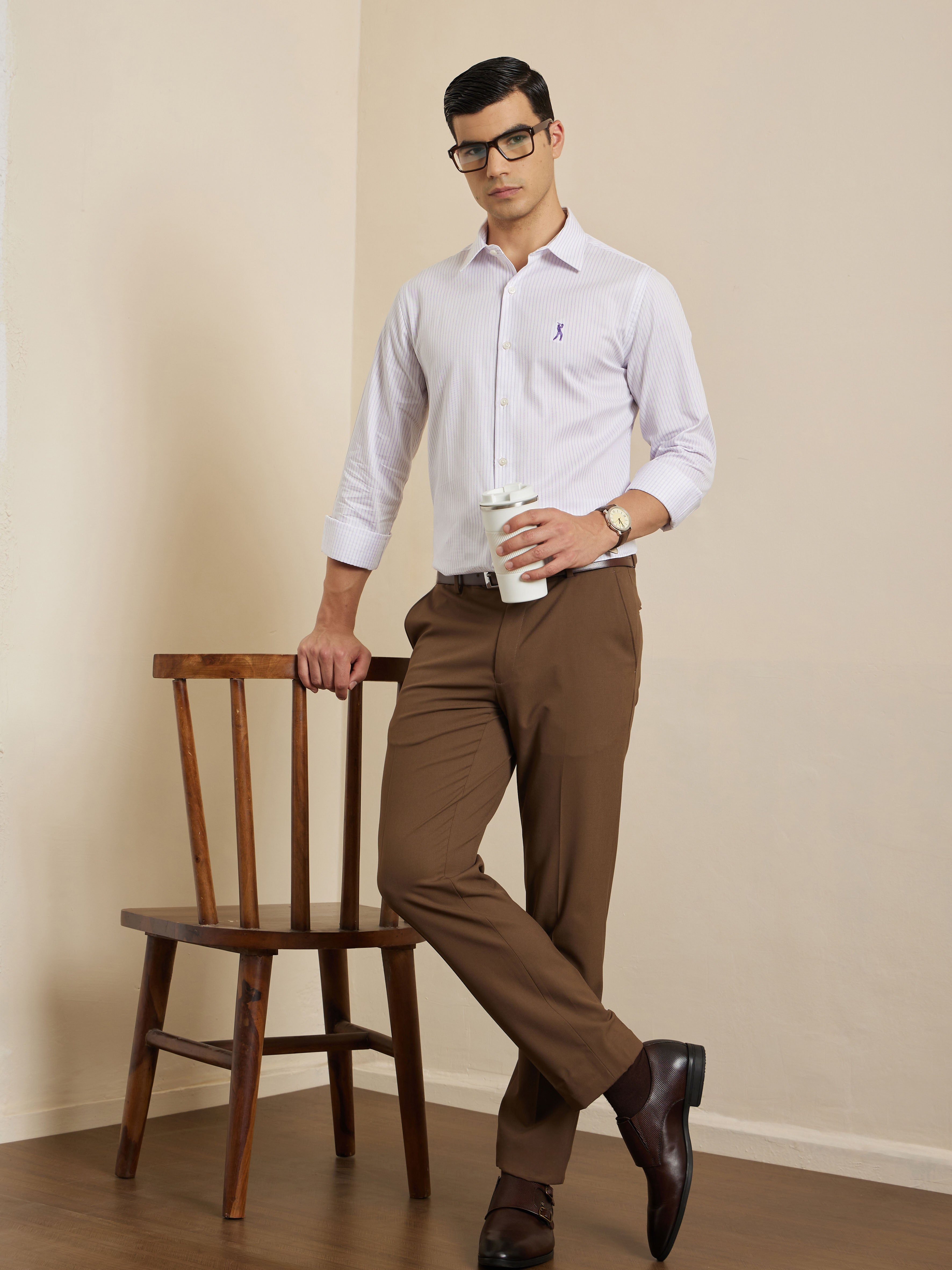 Thomas Scott Men Premium Violet Vertical Stripes Cotton Formal Shirt with Spread Collar & Full Sleeves