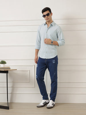 Sky Blue Premium Regular Fit Long Sleeves Spread Collar Textured Cotton Casual Shirt For Men