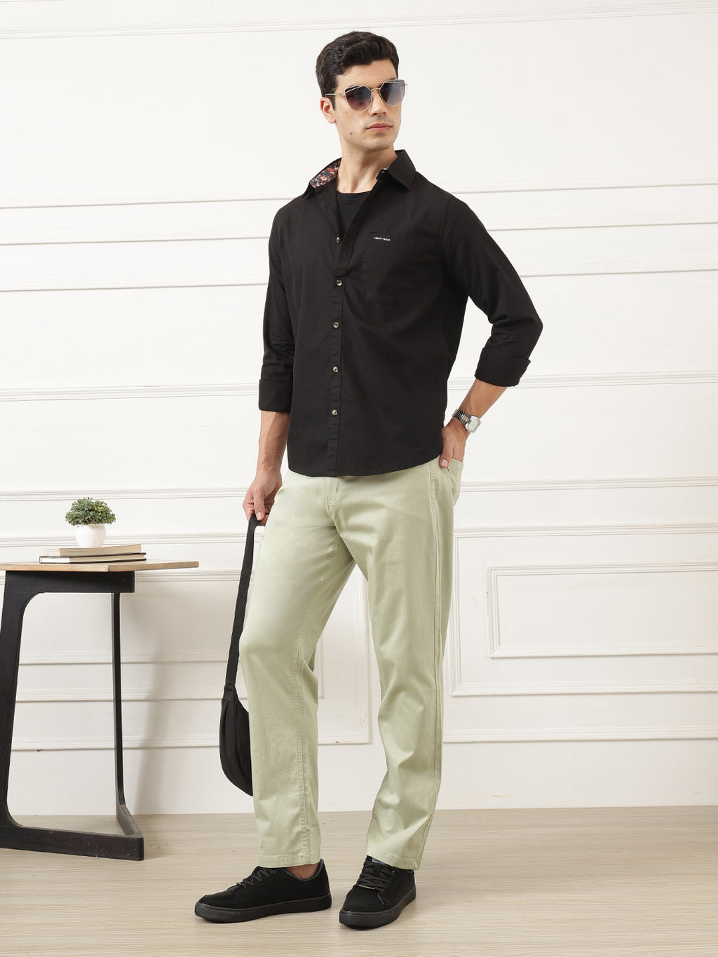 Black Premium Regular Fit Long Sleeves Spread Collar Solid Cotton Casual Shirt For Men