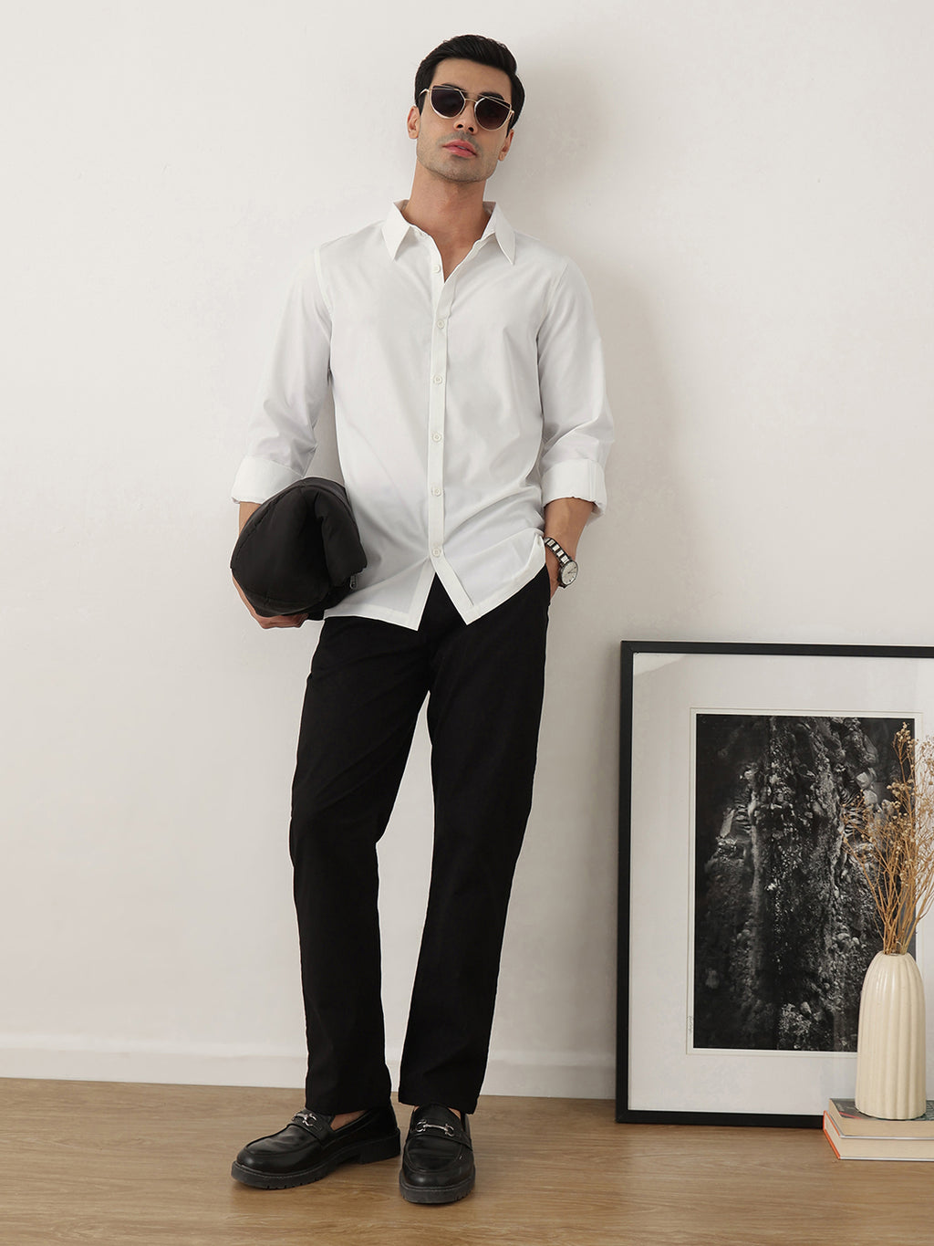 Thomas Scott Men Premium White Slim Fit Long Sleeves Spread Collar Solid Casual Shirt
