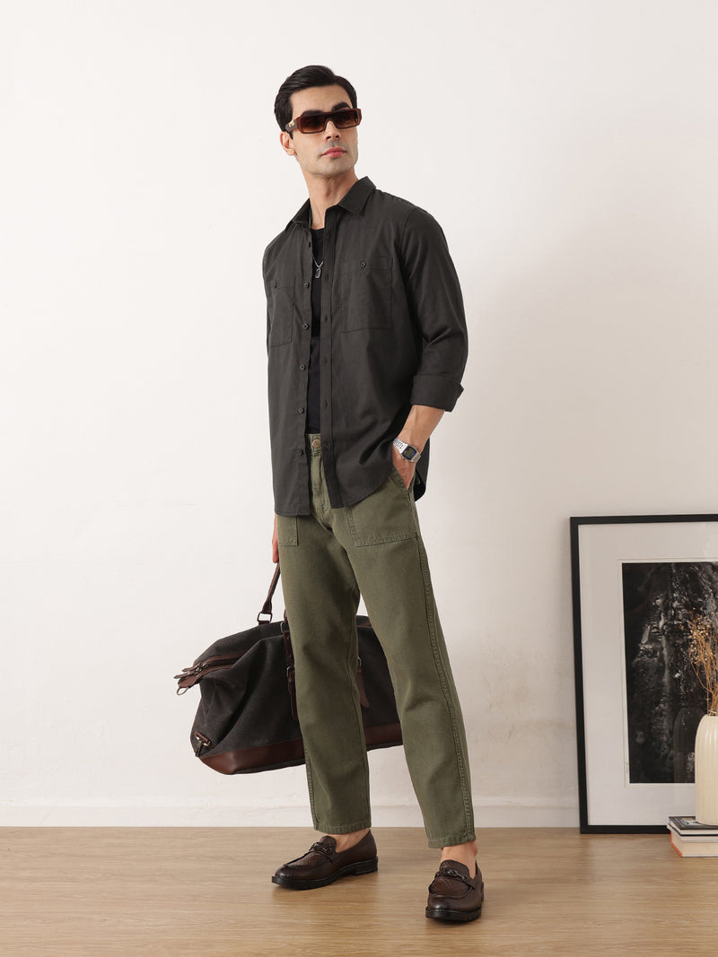Thomas Scott Men Dark Grey Premium Regular Fit Long Sleeves Spread Collar Solid Cotton Casual Shirt with 2 Patch Pockets