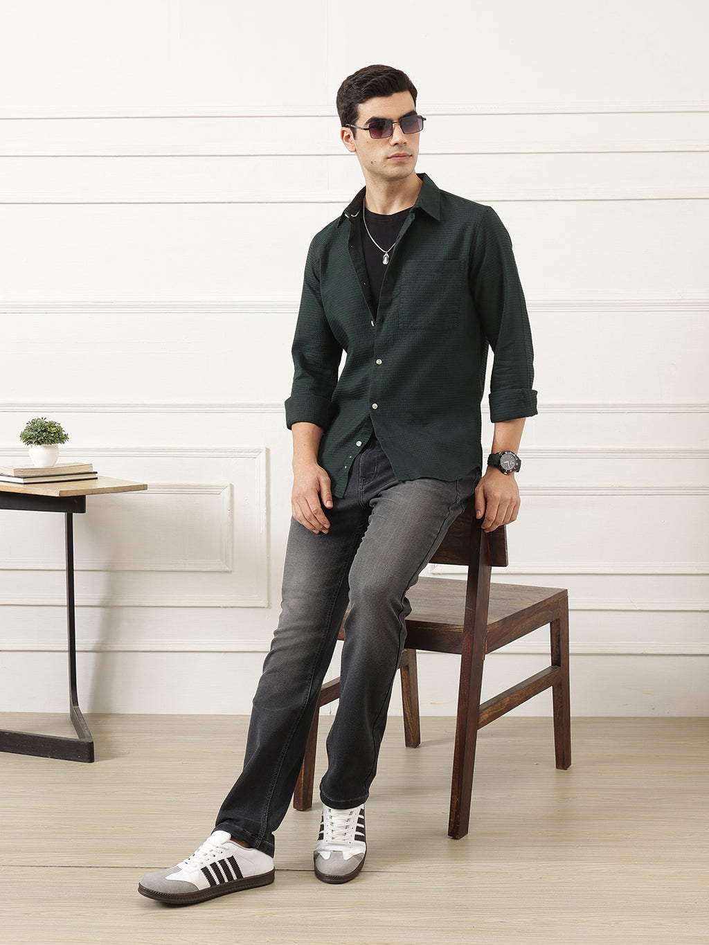 Green Premium Regular Fit Long Sleeves Spread Collar Textured Cotton Casual Shirt For Men