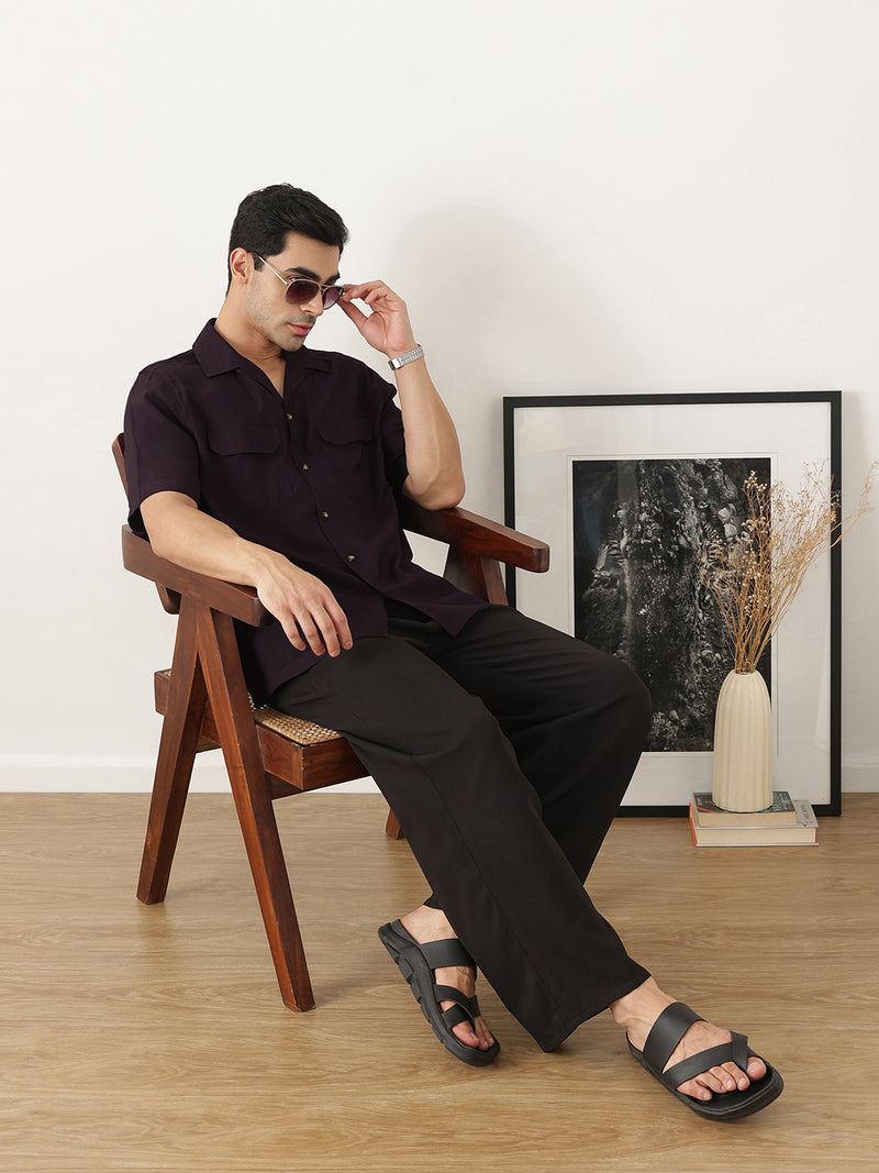 Thomas Scott Men Premium Wine Oversize Fit Short Sleeves Cuban Collar Textured Casual Shirt