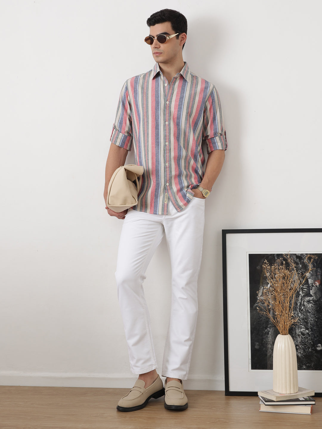 Natural Regular Fit Roll-Up Sleeve Spread Collar Vertical Striped Cotton Linen Casual Shirt For Men