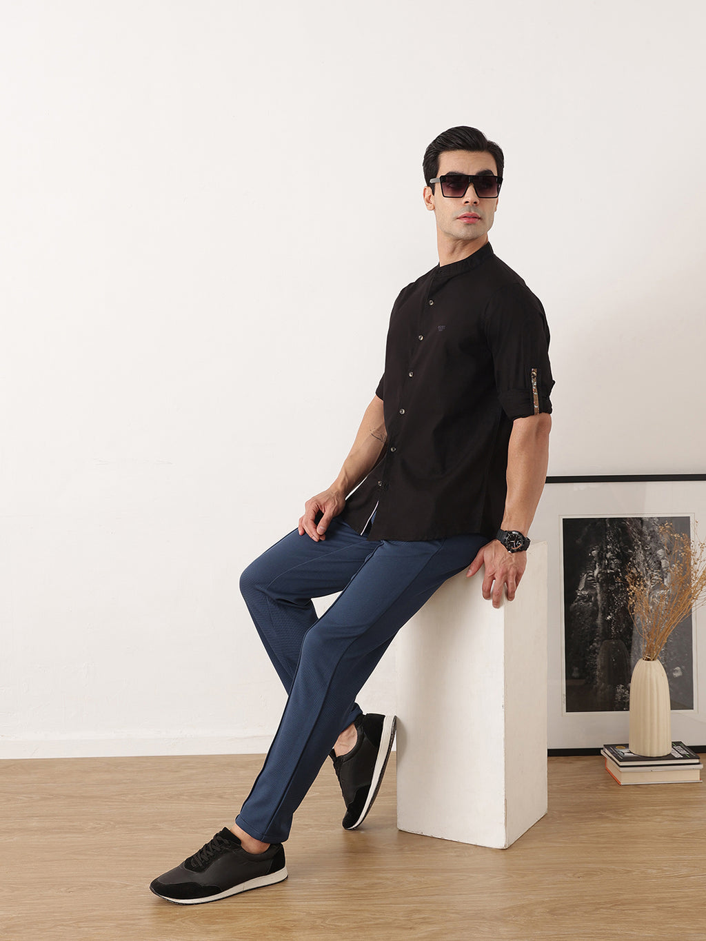 Thomas Scott Men Black  Premium Regular Fit Long Roll-Up Sleeves Mandarin Collar Solid Cotton Casual Shirts