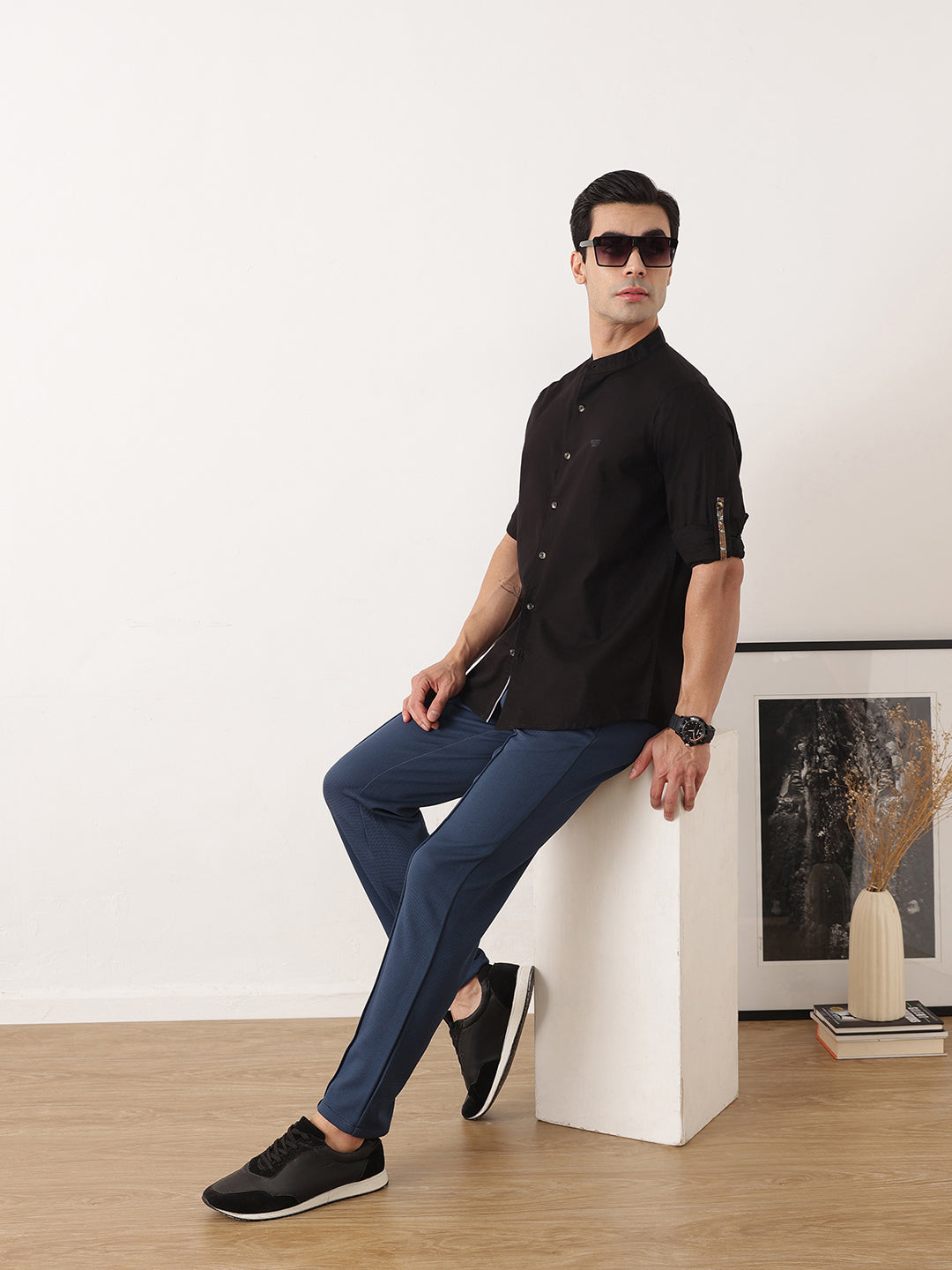 Thomas Scott Men Black  Premium Regular Fit Long Roll-Up Sleeves Mandarin Collar Solid Cotton Casual Shirts
