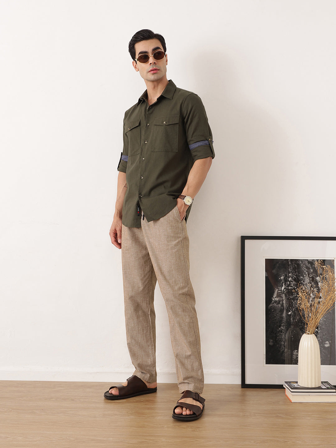 Thomas Scott Men Khaki Smart Relaxed Fit Mid-Rise Solid Cotton Linen Pleated Casual Trousers