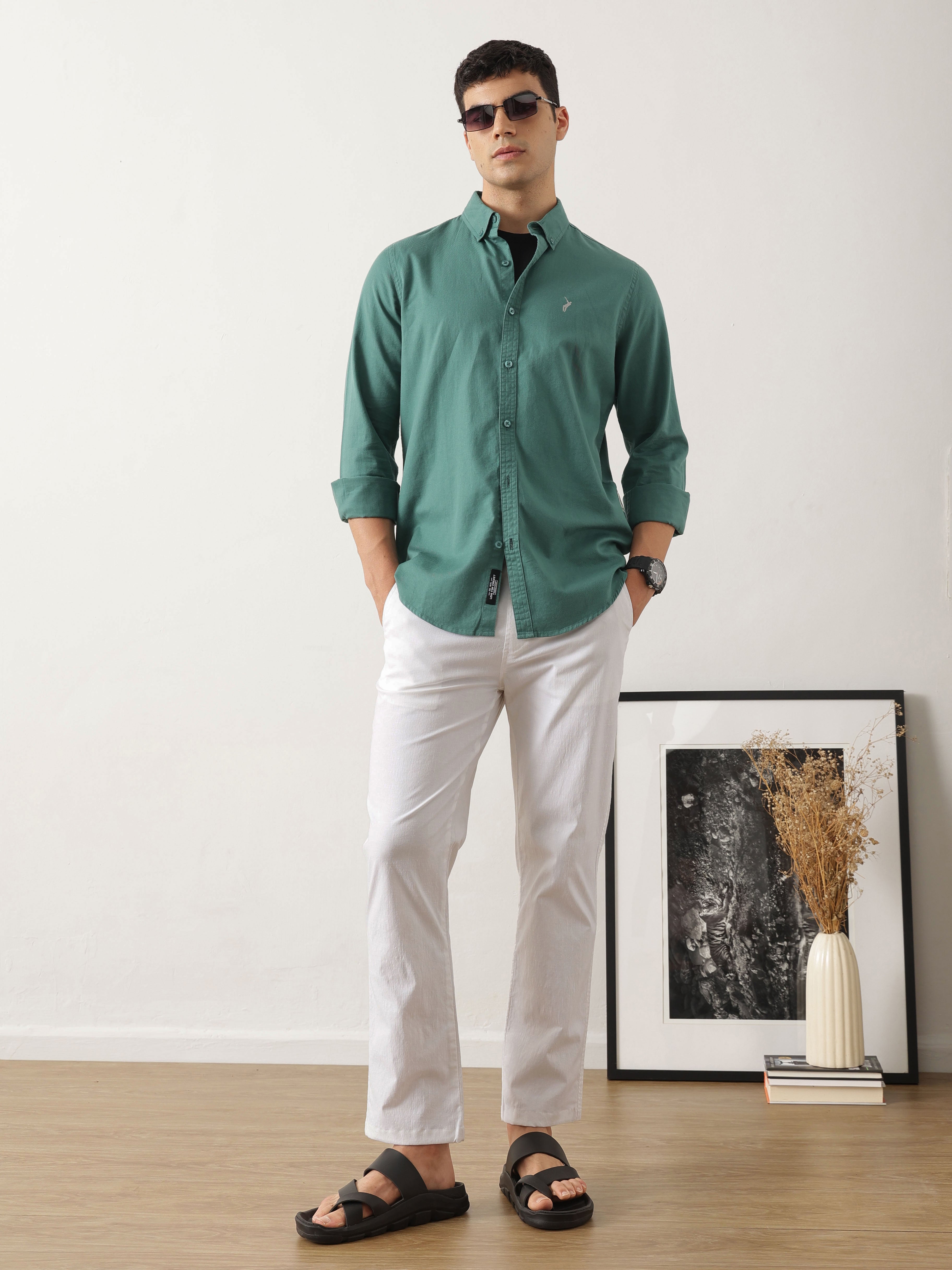 Thomas Scott Men Classic Olive Regular Fit Long Sleeves Button Down Collar Solid Cotton Twill Shirt