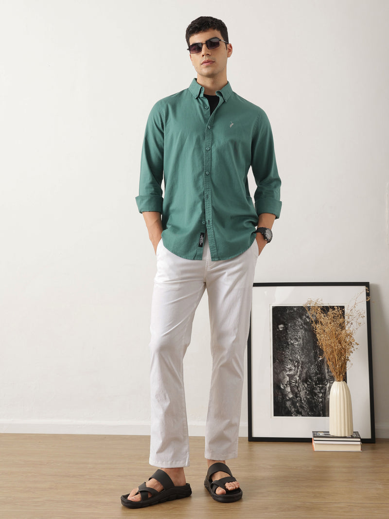 Thomas Scott Men Classic Olive Regular Fit Long Sleeves Button Down Collar Solid Cotton Twill Shirt