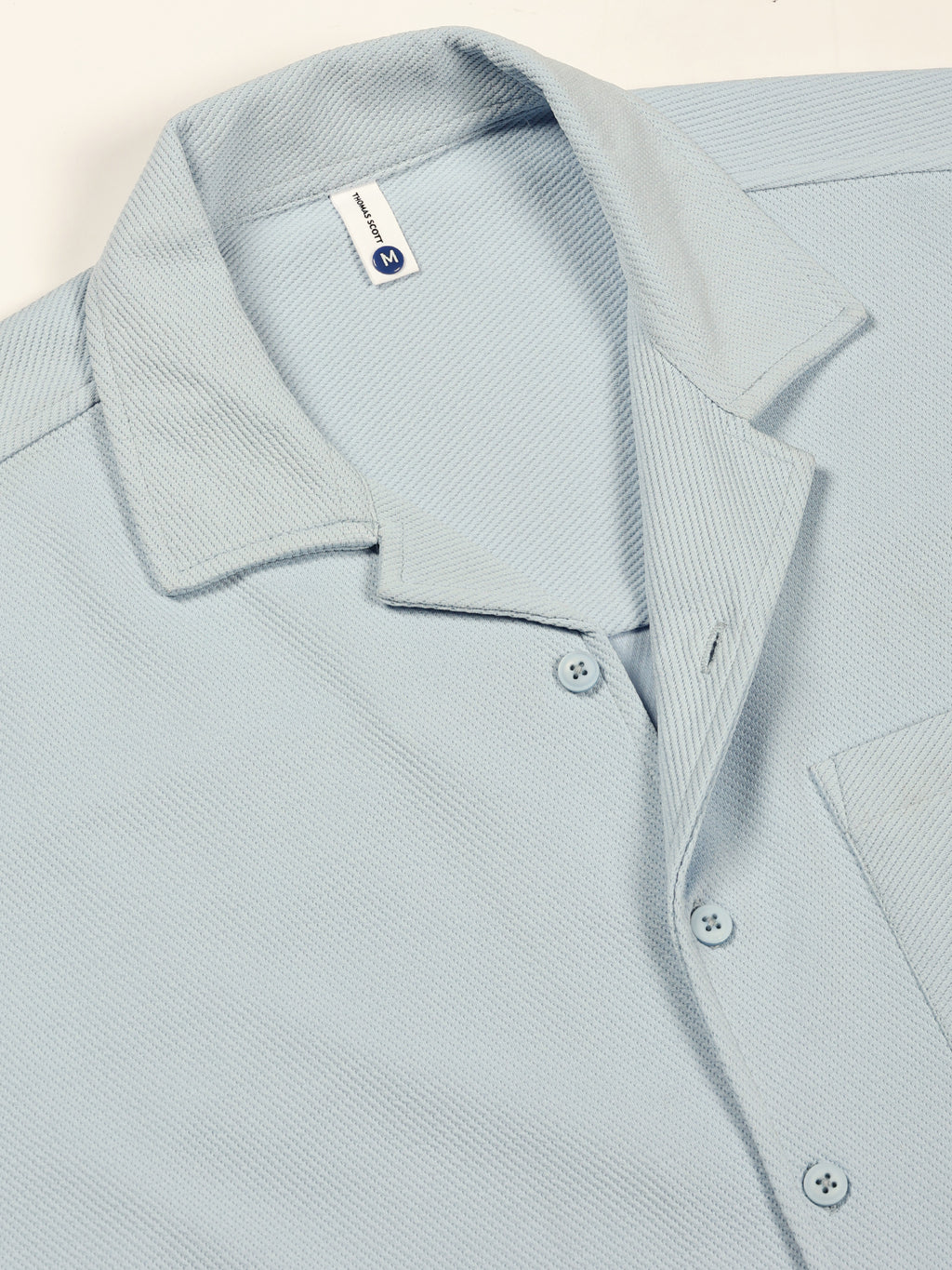 Thomas Scott Men Sky Blue Premium Short Sleeves Regular Fit Cuban Collar Textured Cotton Twill Shirt