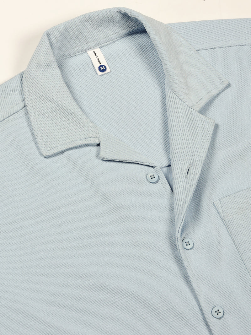 Thomas Scott Men Sky Blue Premium Short Sleeves Regular Fit Cuban Collar Textured Cotton Twill Shirt